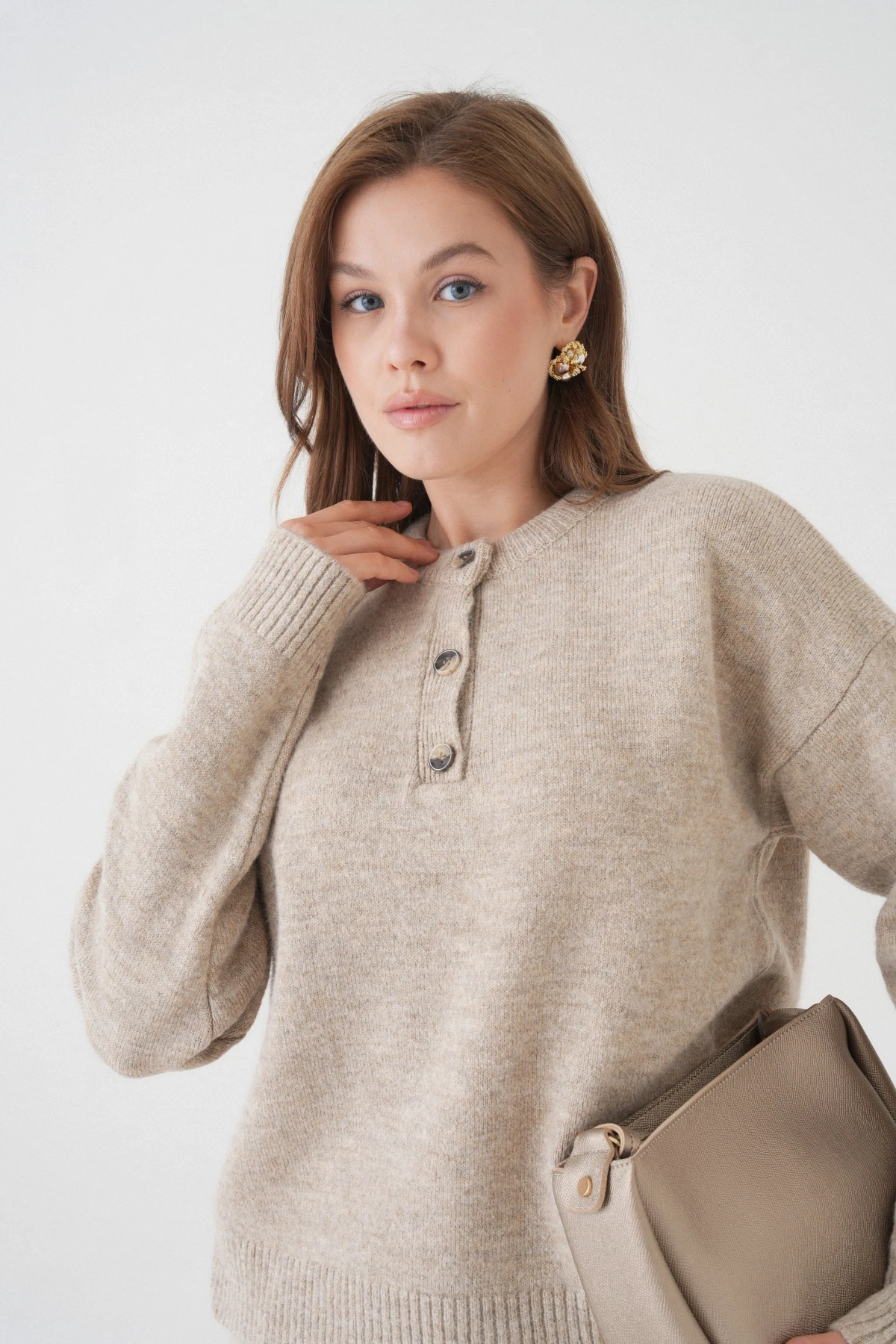 Kadın Bisiklet Yaka Düğme Detay Triko Kazak 8623