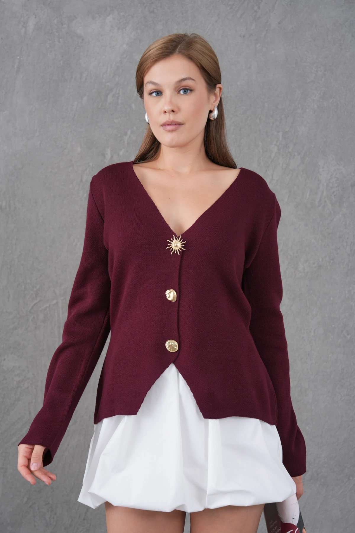 Kadın Bisiklet Yaka Düğme Detay Yumuşak Dokulu Triko Ceket 12315