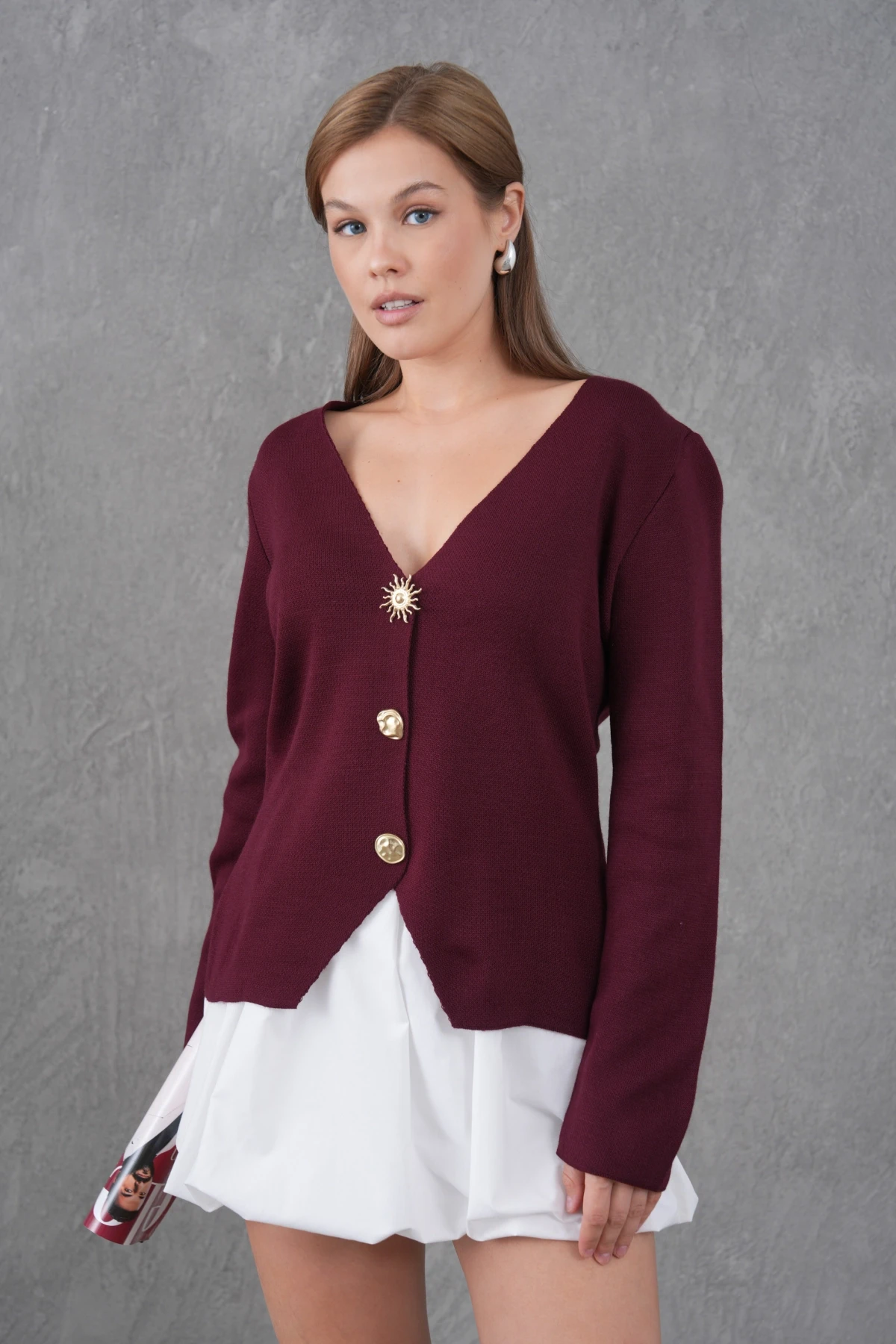 Kadın Bisiklet Yaka Düğme Detay Yumuşak Dokulu Triko Ceket 12315