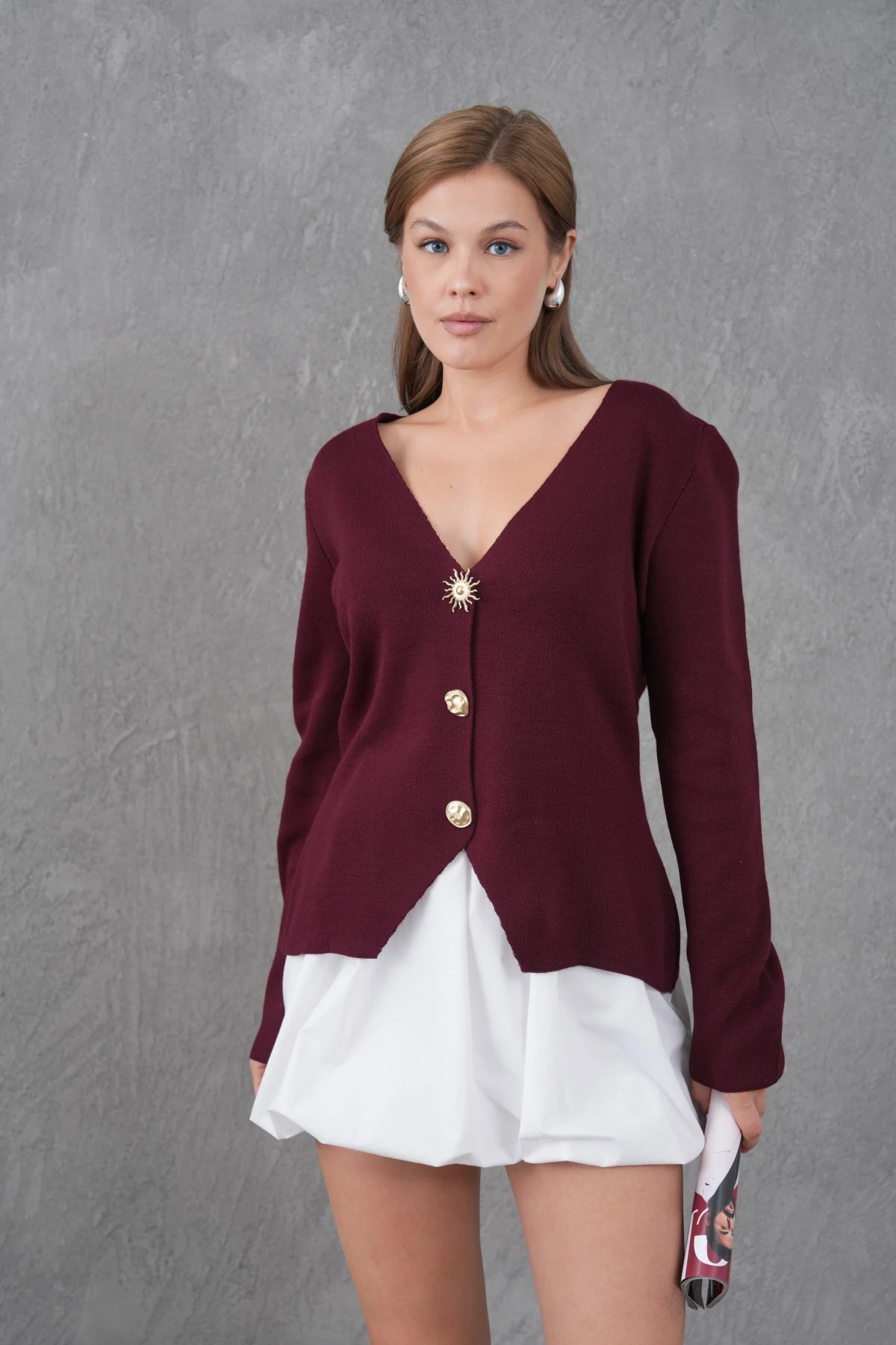 Kadın Bisiklet Yaka Düğme Detay Yumuşak Dokulu Triko Ceket 12315