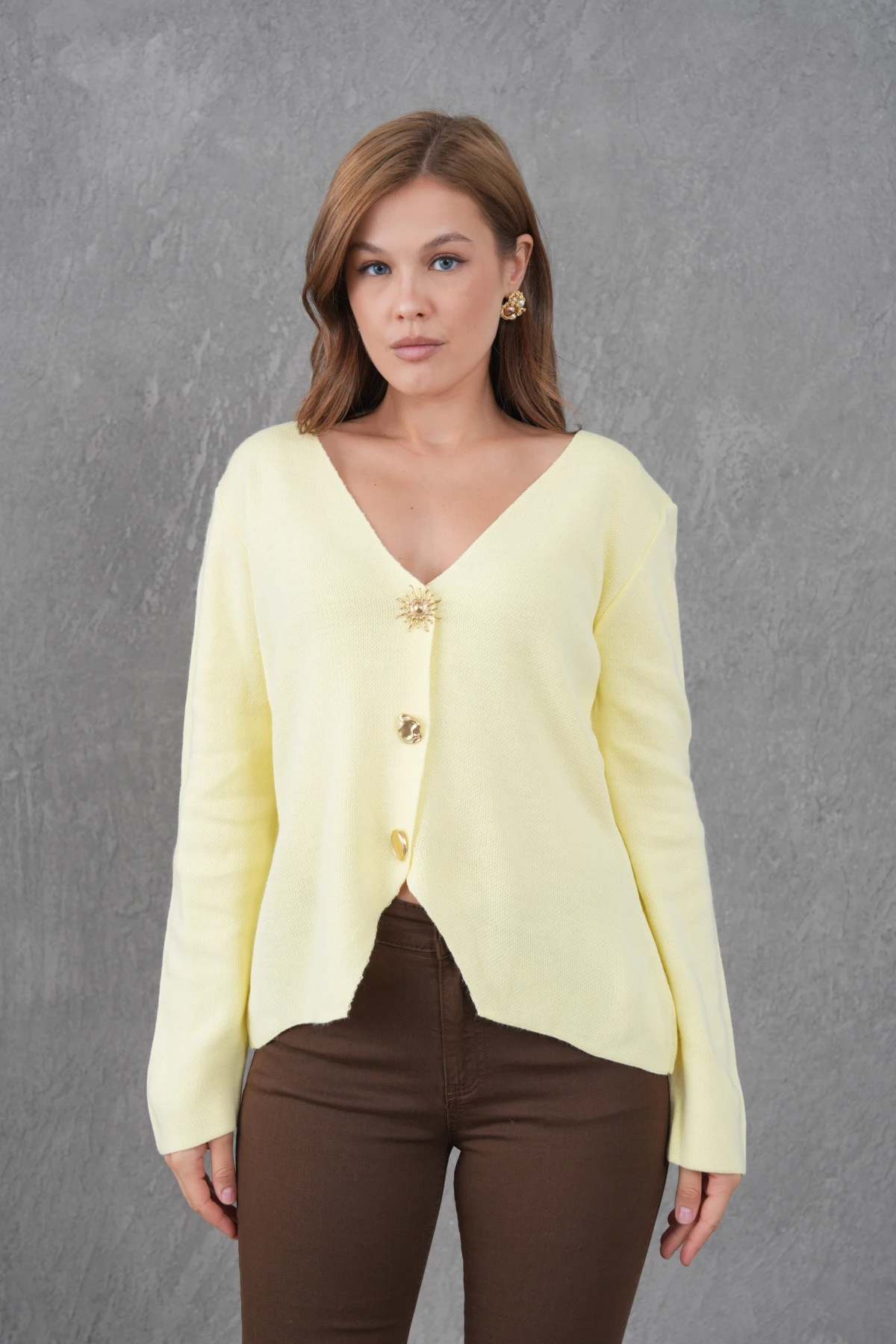 Kadın Bisiklet Yaka Düğme Detay Yumuşak Dokulu Triko Ceket 12315