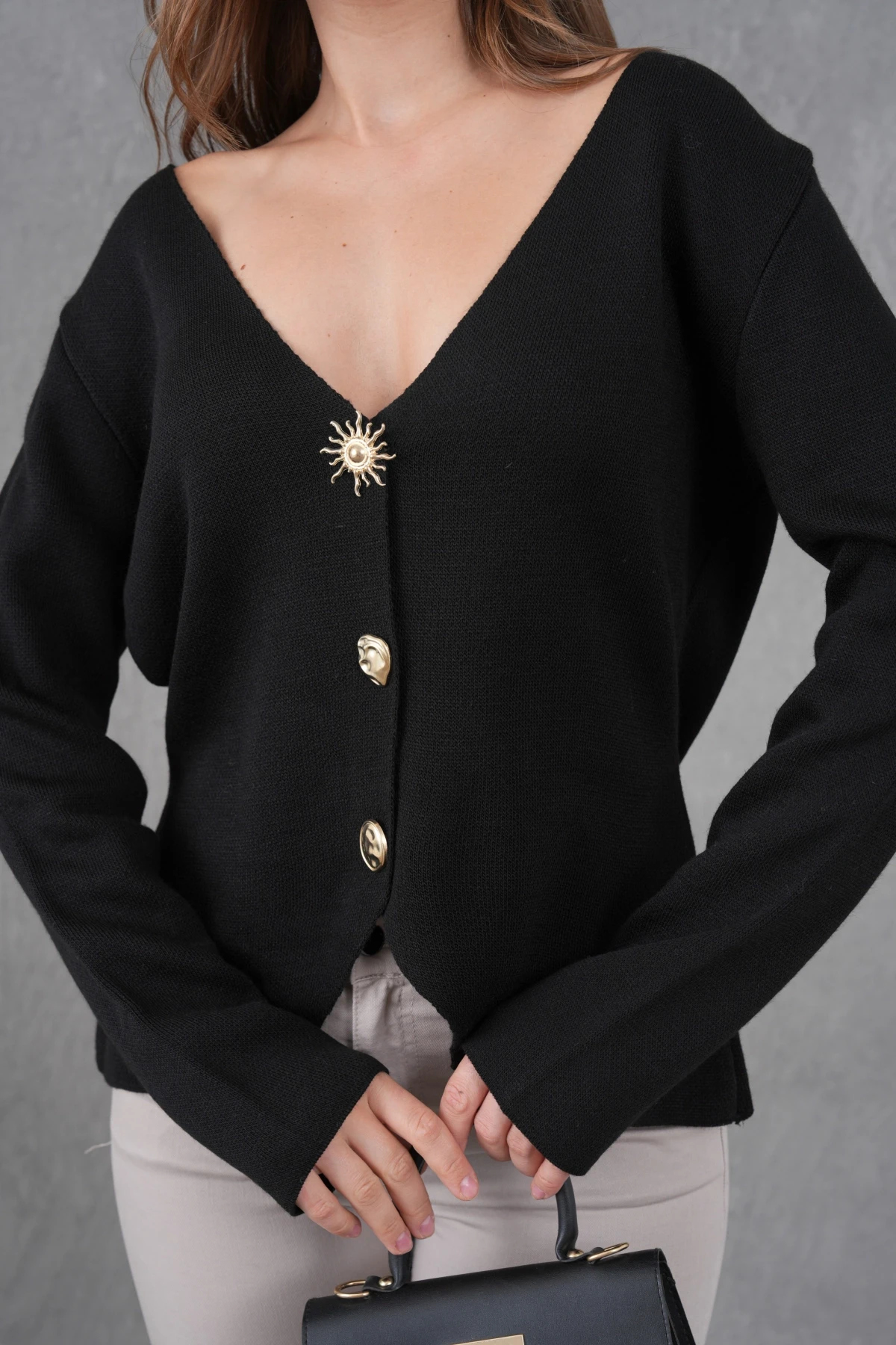 Kadın Bisiklet Yaka Düğme Detay Yumuşak Dokulu Triko Ceket 12315