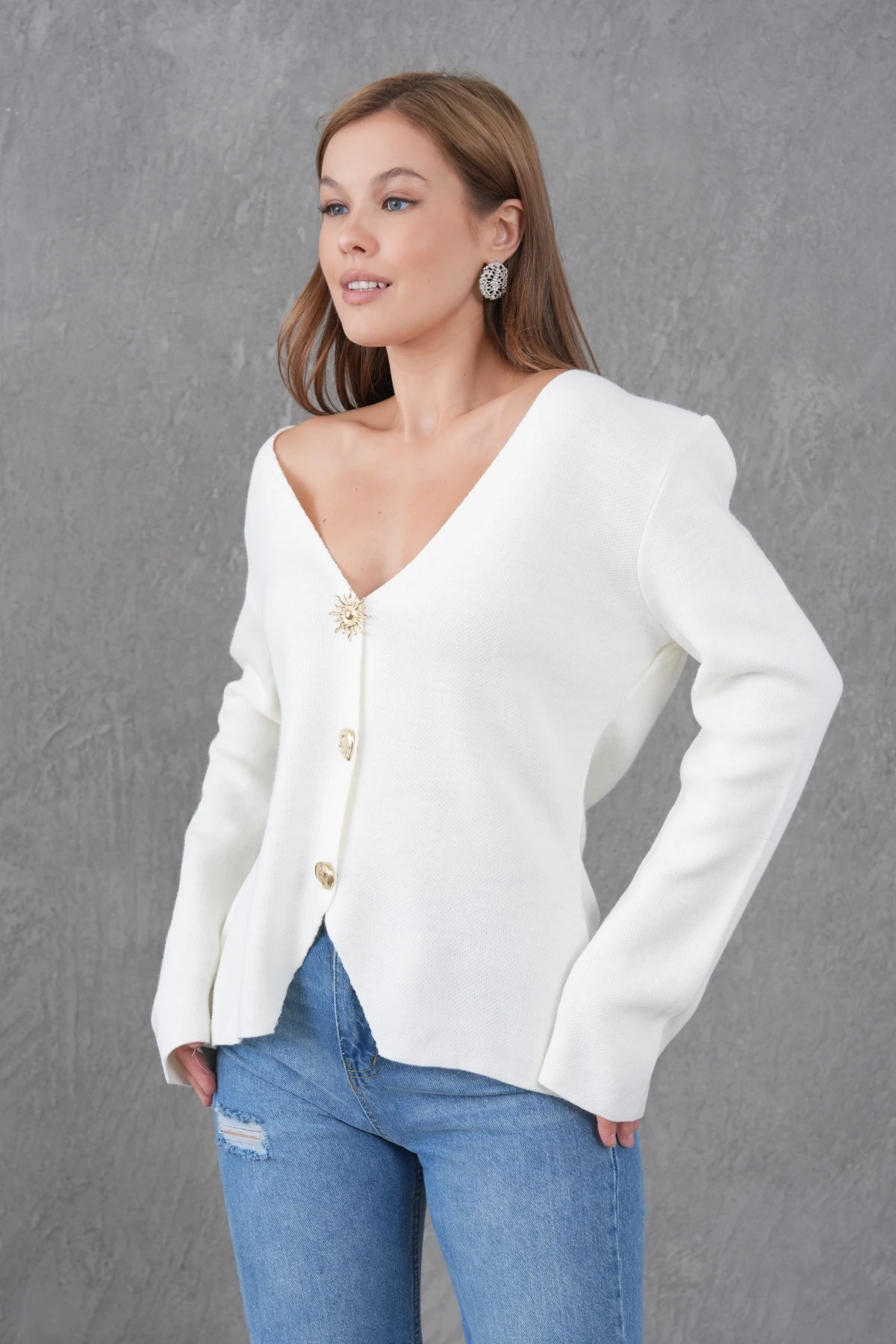 Kadın Bisiklet Yaka Düğme Detay Yumuşak Dokulu Triko Ceket 12315