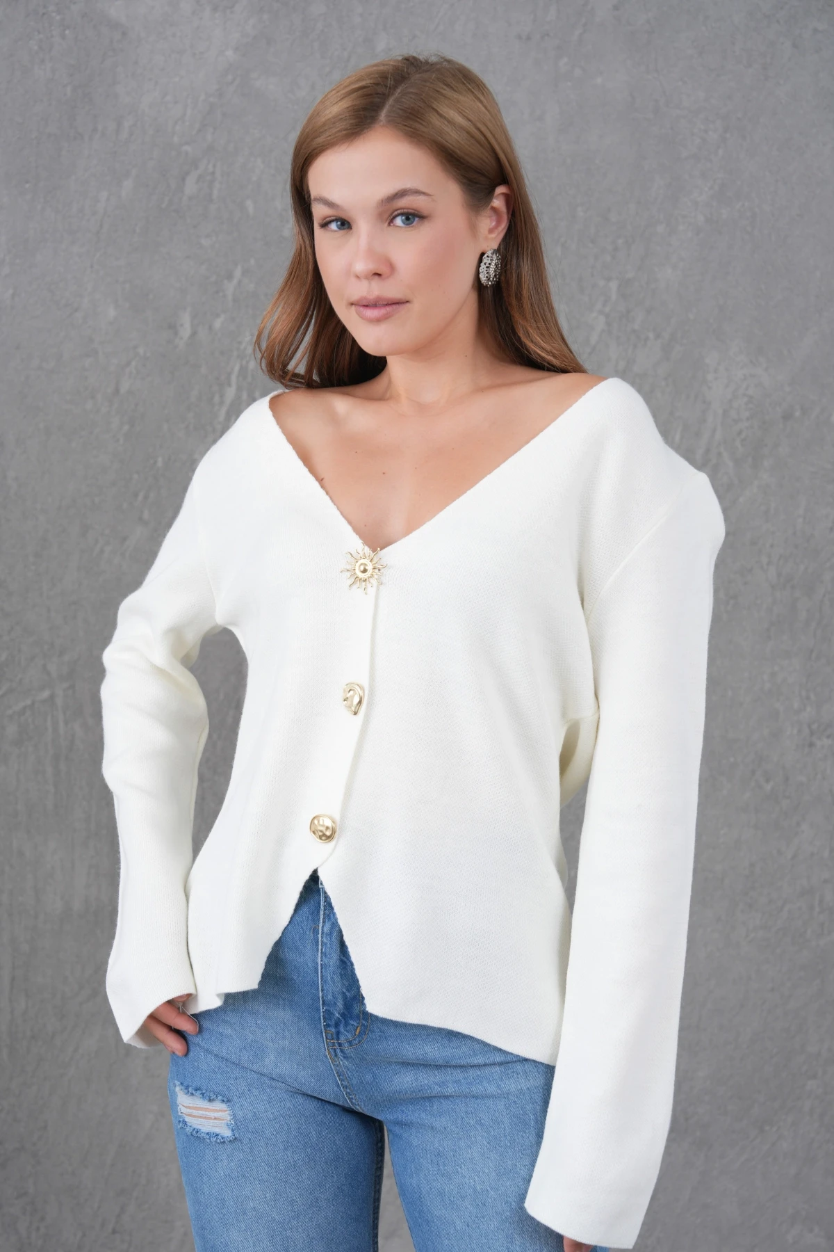 Kadın Bisiklet Yaka Düğme Detay Yumuşak Dokulu Triko Ceket 12315