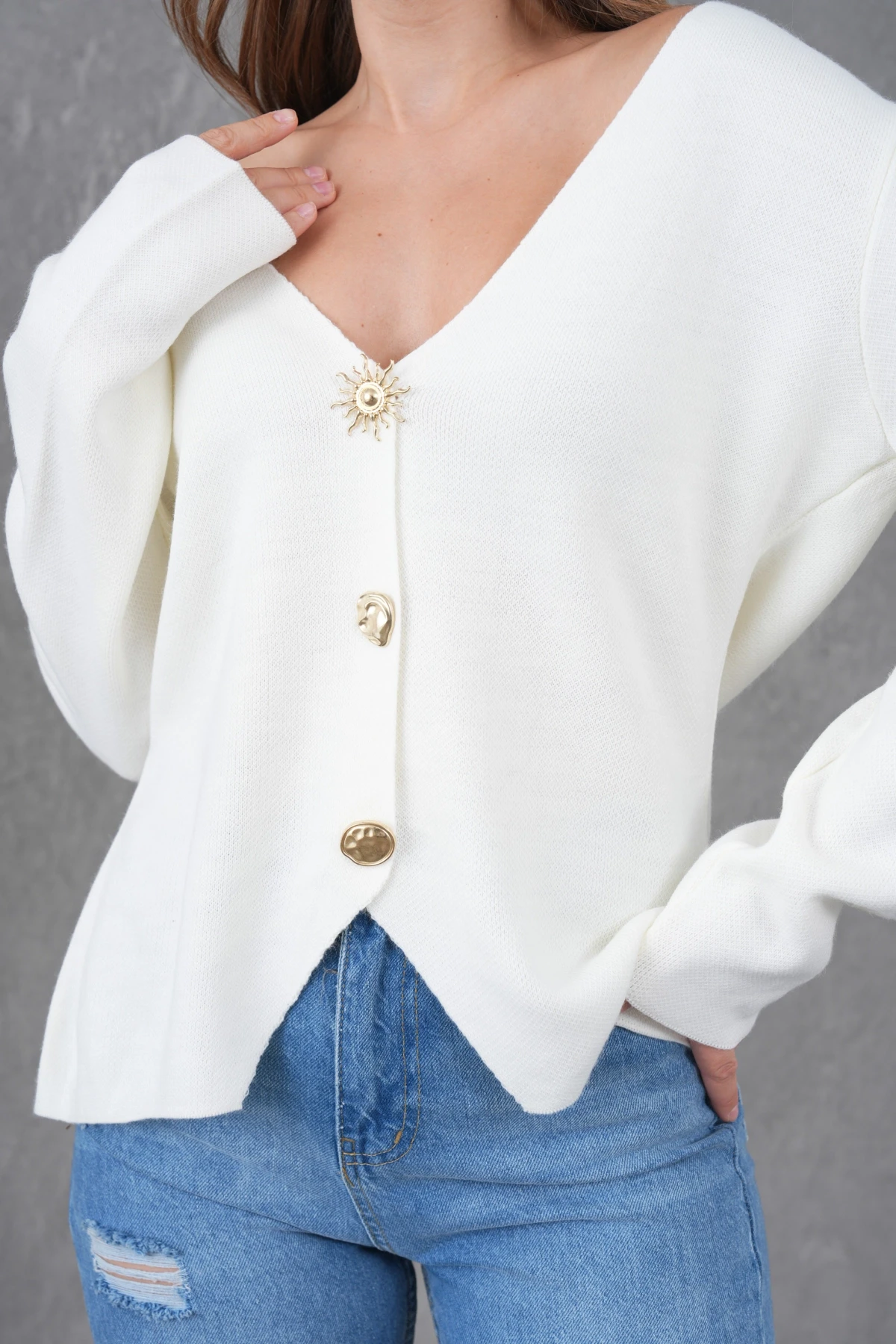 Kadın Bisiklet Yaka Düğme Detay Yumuşak Dokulu Triko Ceket 12315