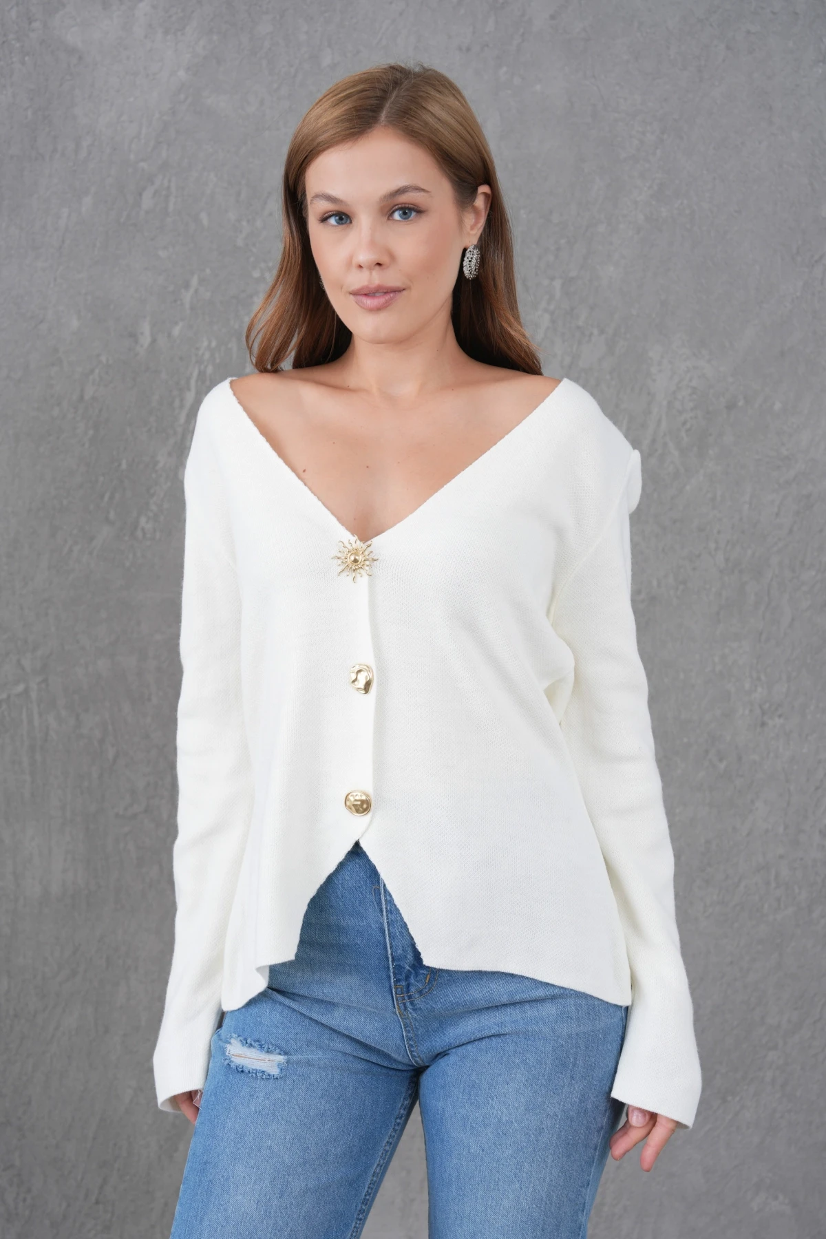 Kadın Bisiklet Yaka Düğme Detay Yumuşak Dokulu Triko Ceket 12315