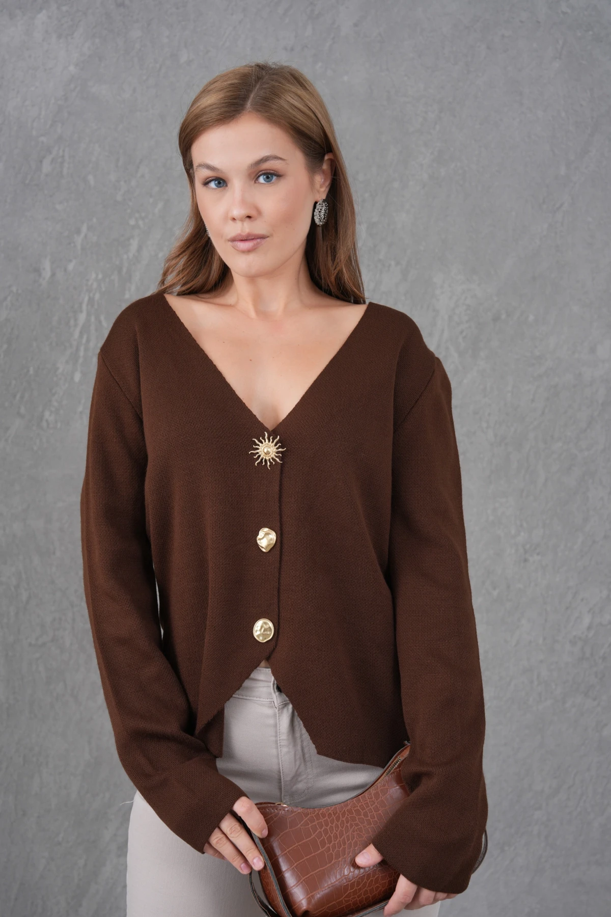 Kadın Bisiklet Yaka Düğme Detay Yumuşak Dokulu Triko Ceket 12315