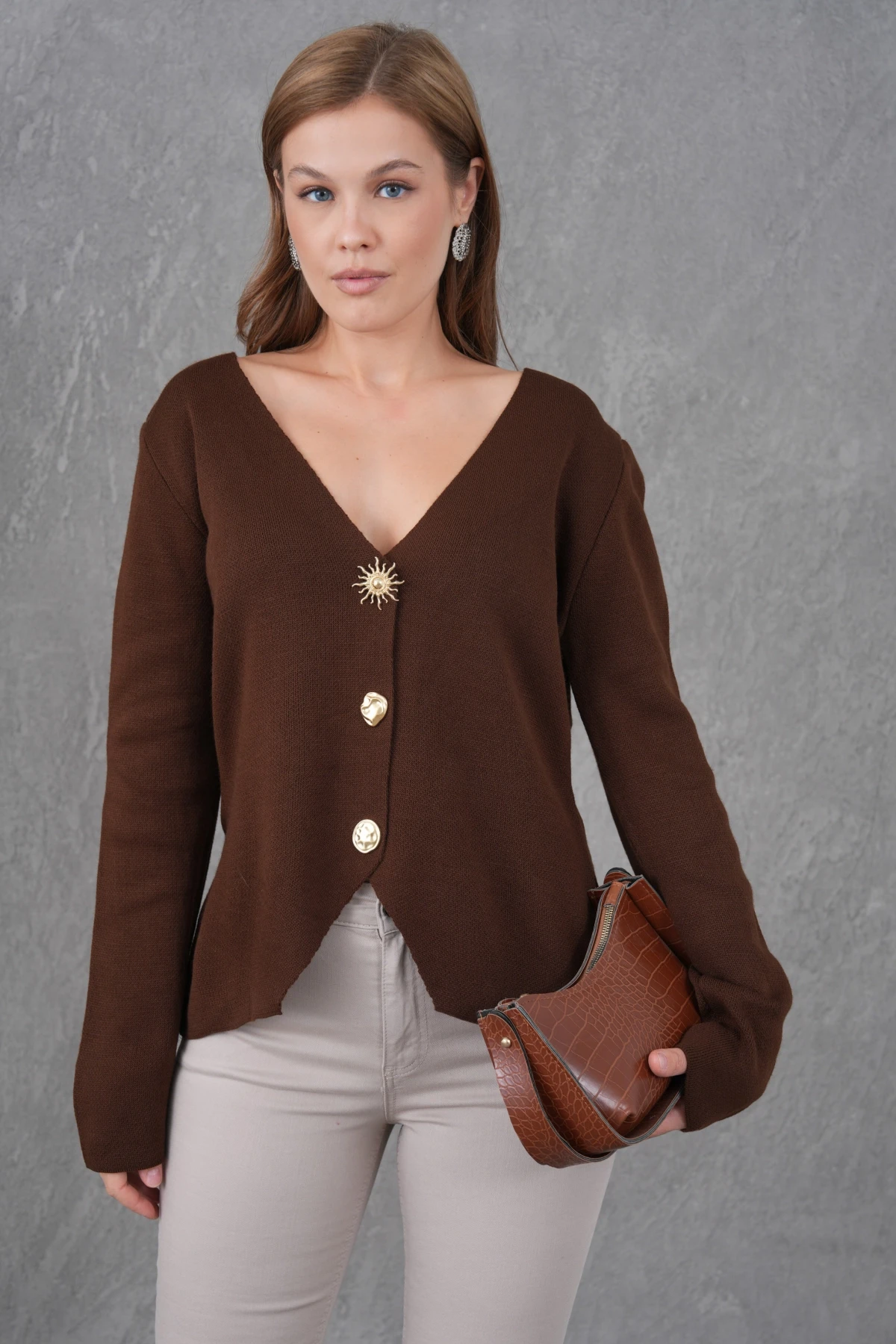 Kadın Bisiklet Yaka Düğme Detay Yumuşak Dokulu Triko Ceket 12315