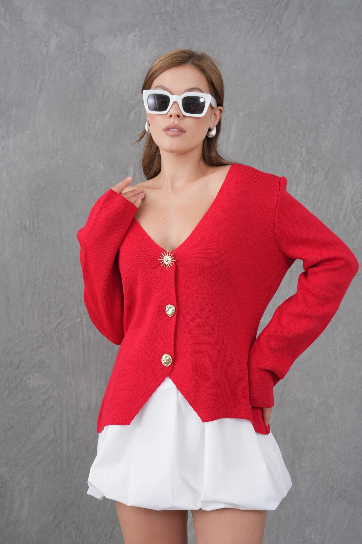 Kadın Bisiklet Yaka Düğme Detay Yumuşak Dokulu Triko Ceket 12315