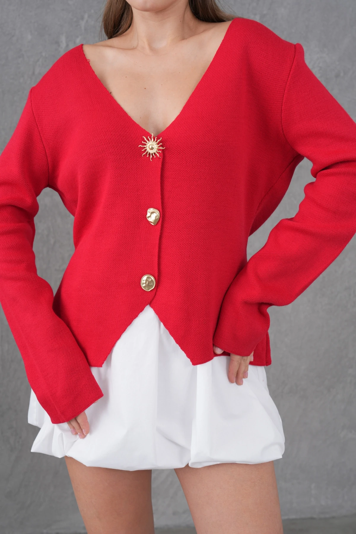 Kadın Bisiklet Yaka Düğme Detay Yumuşak Dokulu Triko Ceket 12315