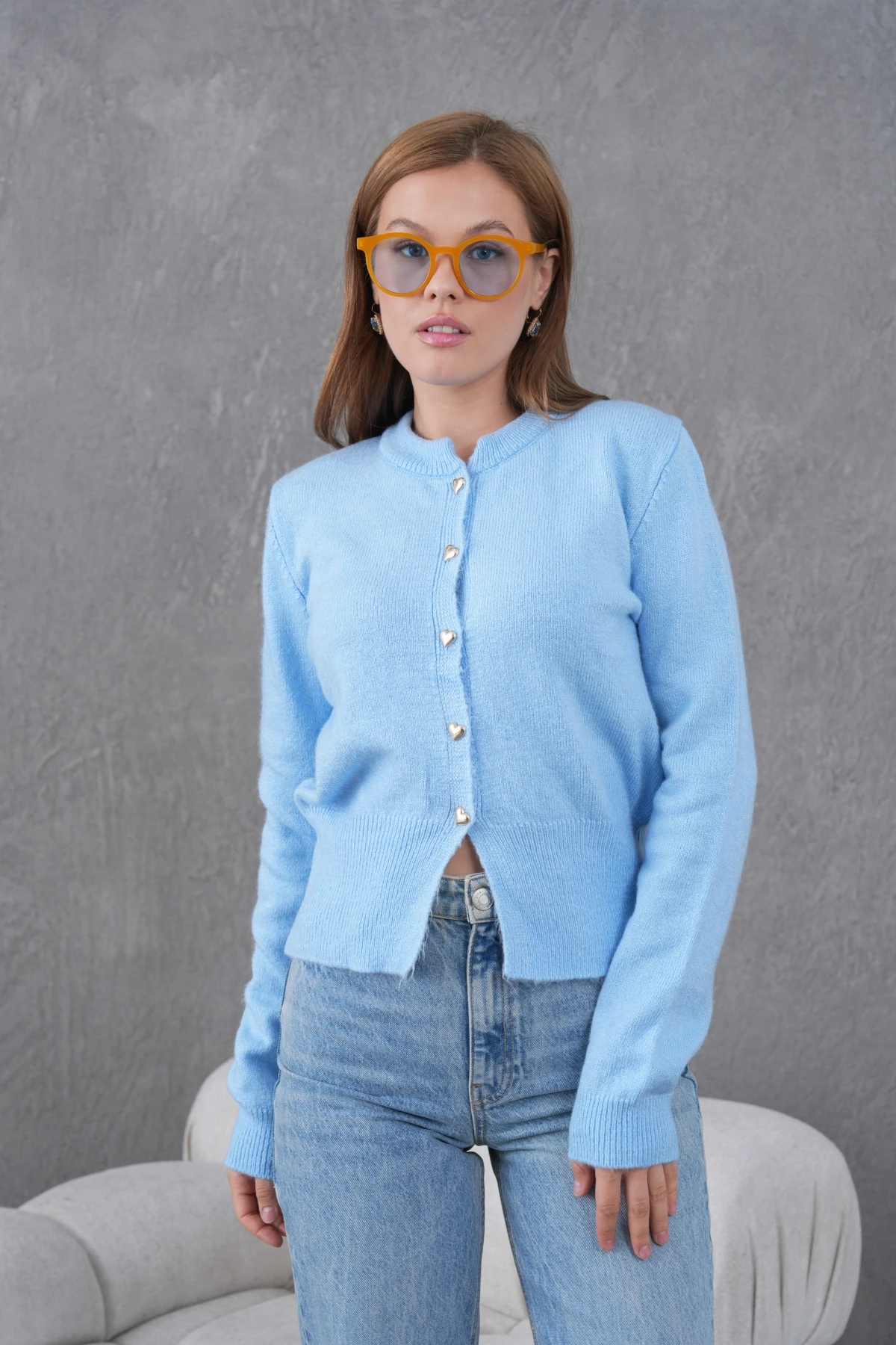 Kadın Bisiklet Yaka Düğme Detaylı Triko Hırka