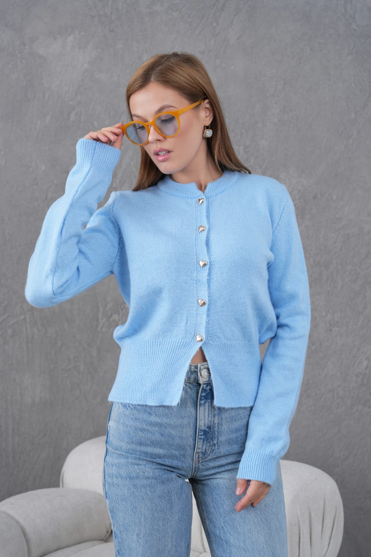 Kadın Bisiklet Yaka Düğme Detaylı Triko Hırka