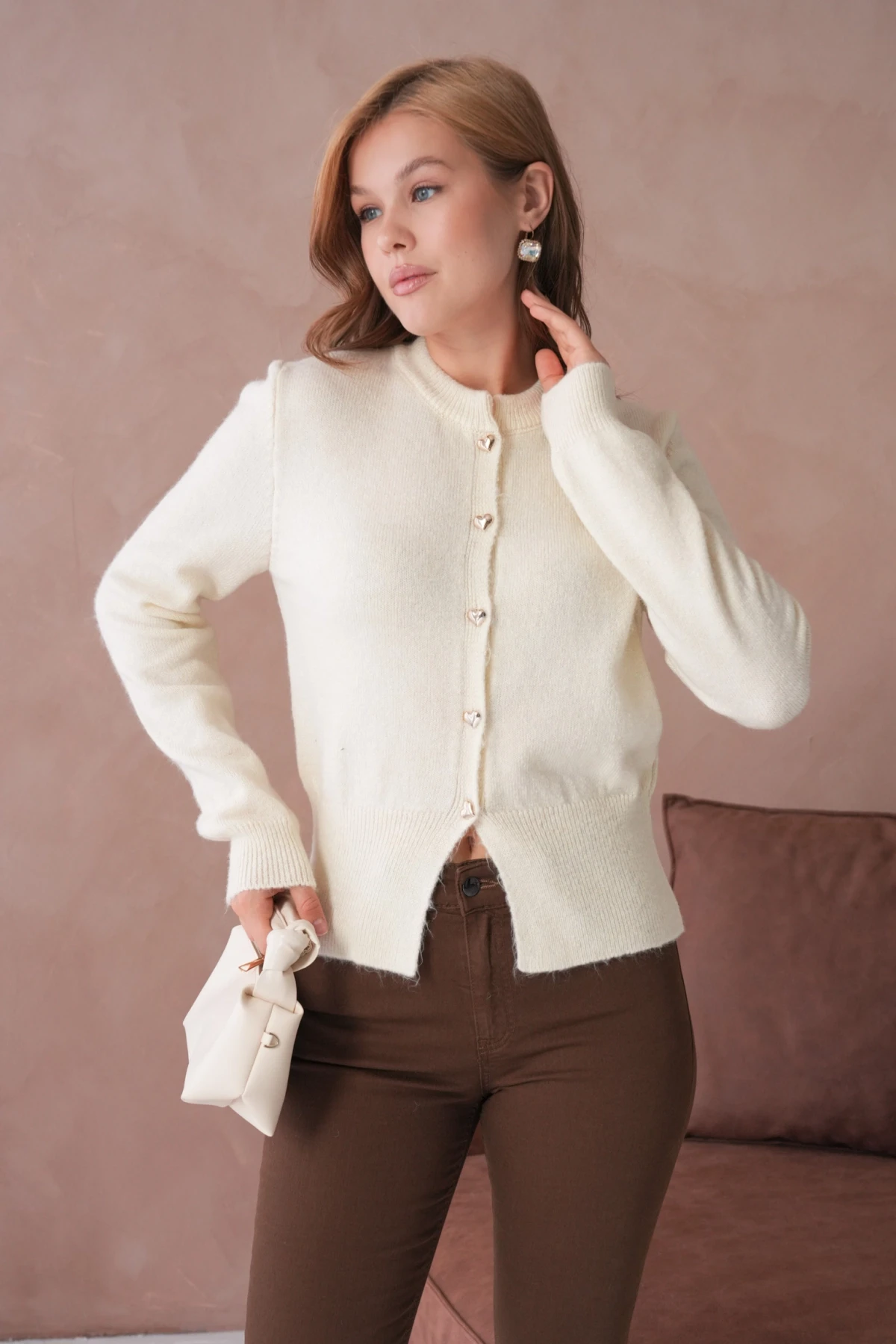 Kadın Bisiklet Yaka Düğme Detaylı Triko Hırka