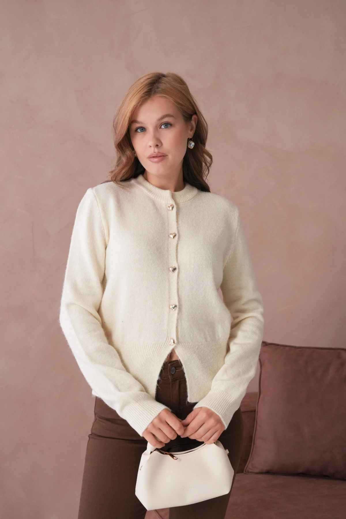 Kadın Bisiklet Yaka Düğme Detaylı Triko Hırka