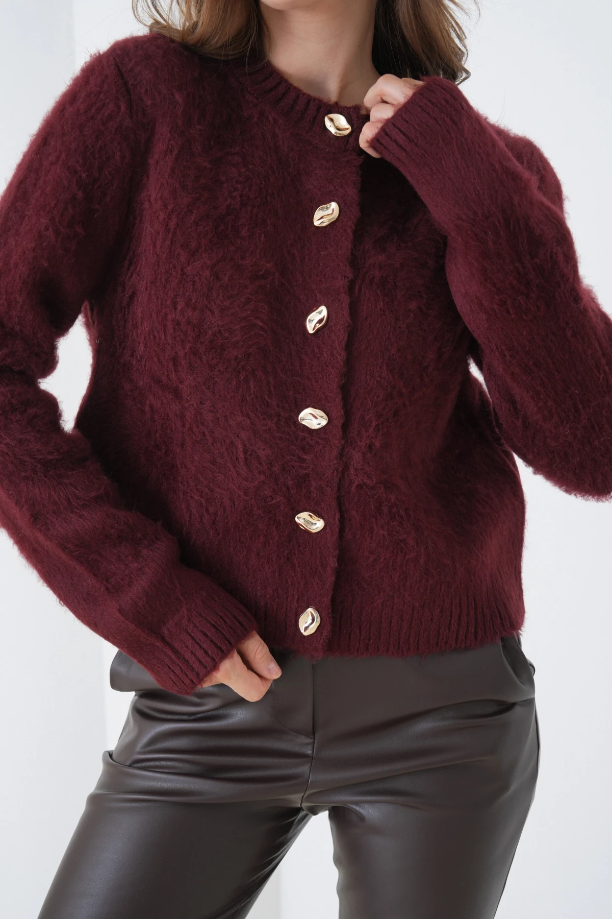 Kadın Bisiklet Yaka Düğme Detaylı Yumuşak Dokulu Şardonlu Triko Ceket