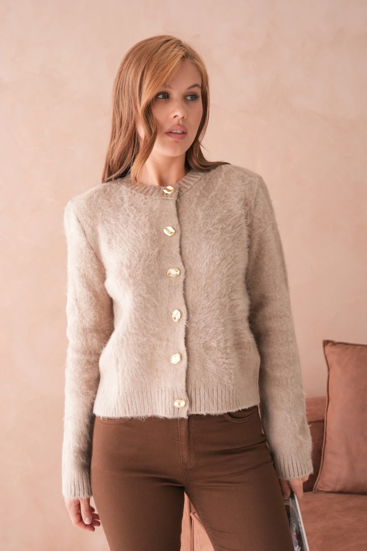 Kadın Bisiklet Yaka Düğme Detaylı Yumuşak Dokulu Şardonlu Triko Ceket