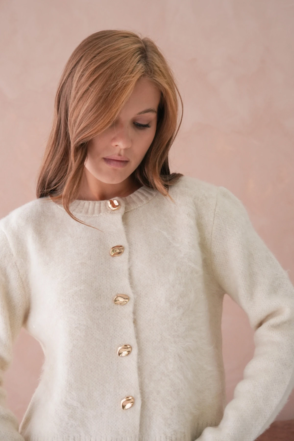 Kadın Bisiklet Yaka Düğme Detaylı Yumuşak Dokulu Şardonlu Triko Ceket