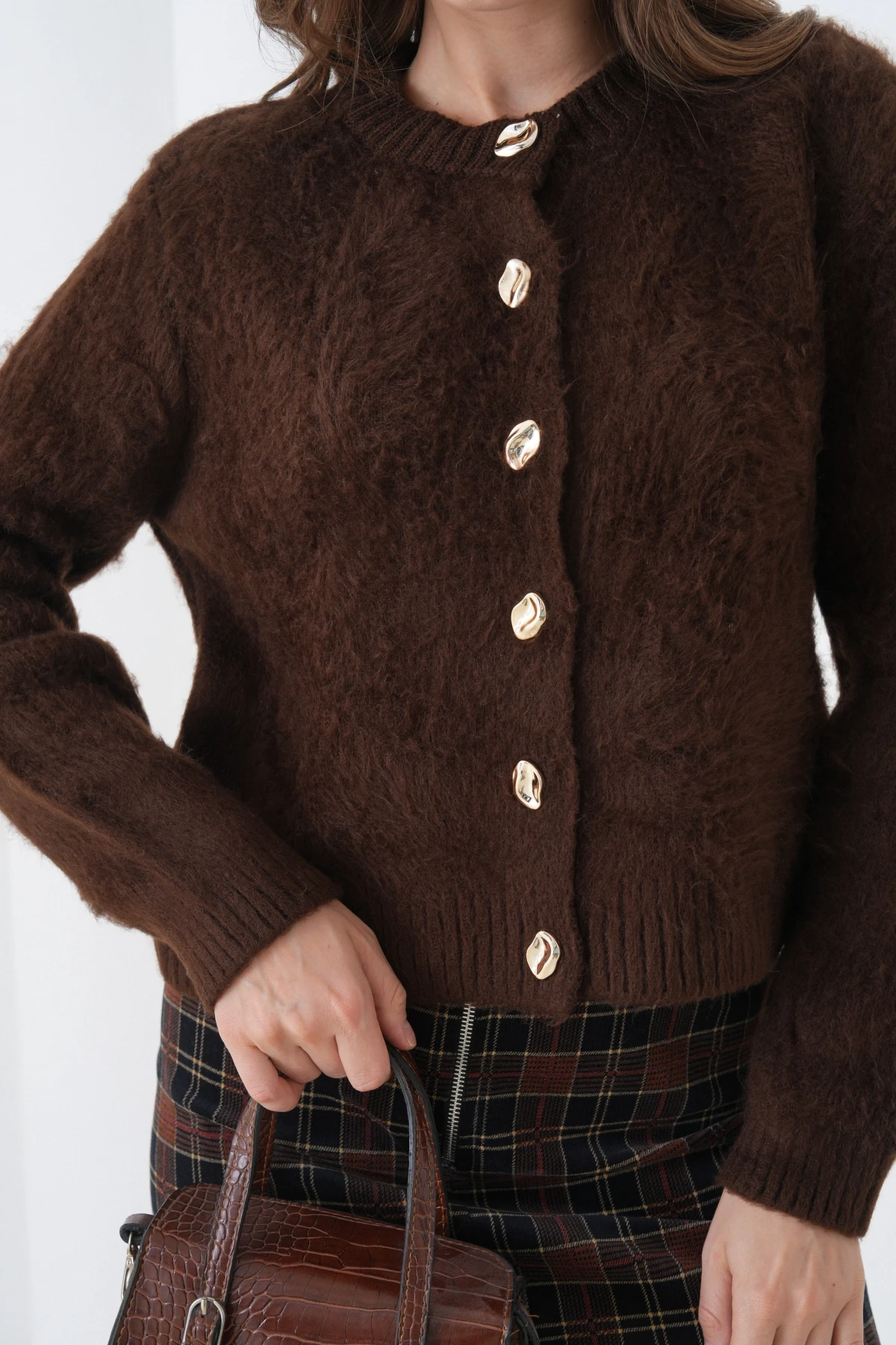 Kadın Bisiklet Yaka Düğme Detaylı Yumuşak Dokulu Şardonlu Triko Ceket