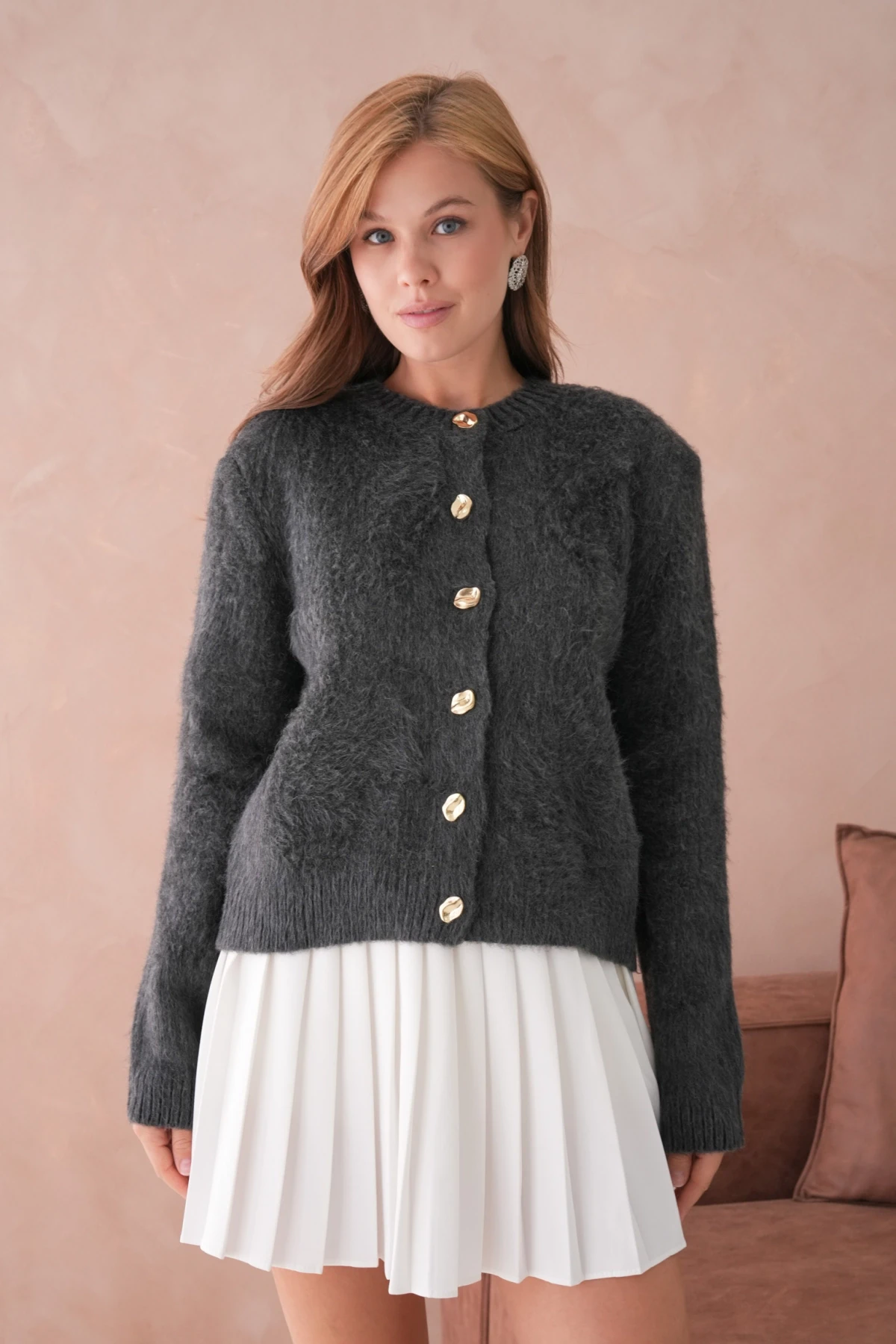 Kadın Bisiklet Yaka Düğme Detaylı Yumuşak Dokulu Şardonlu Triko Ceket