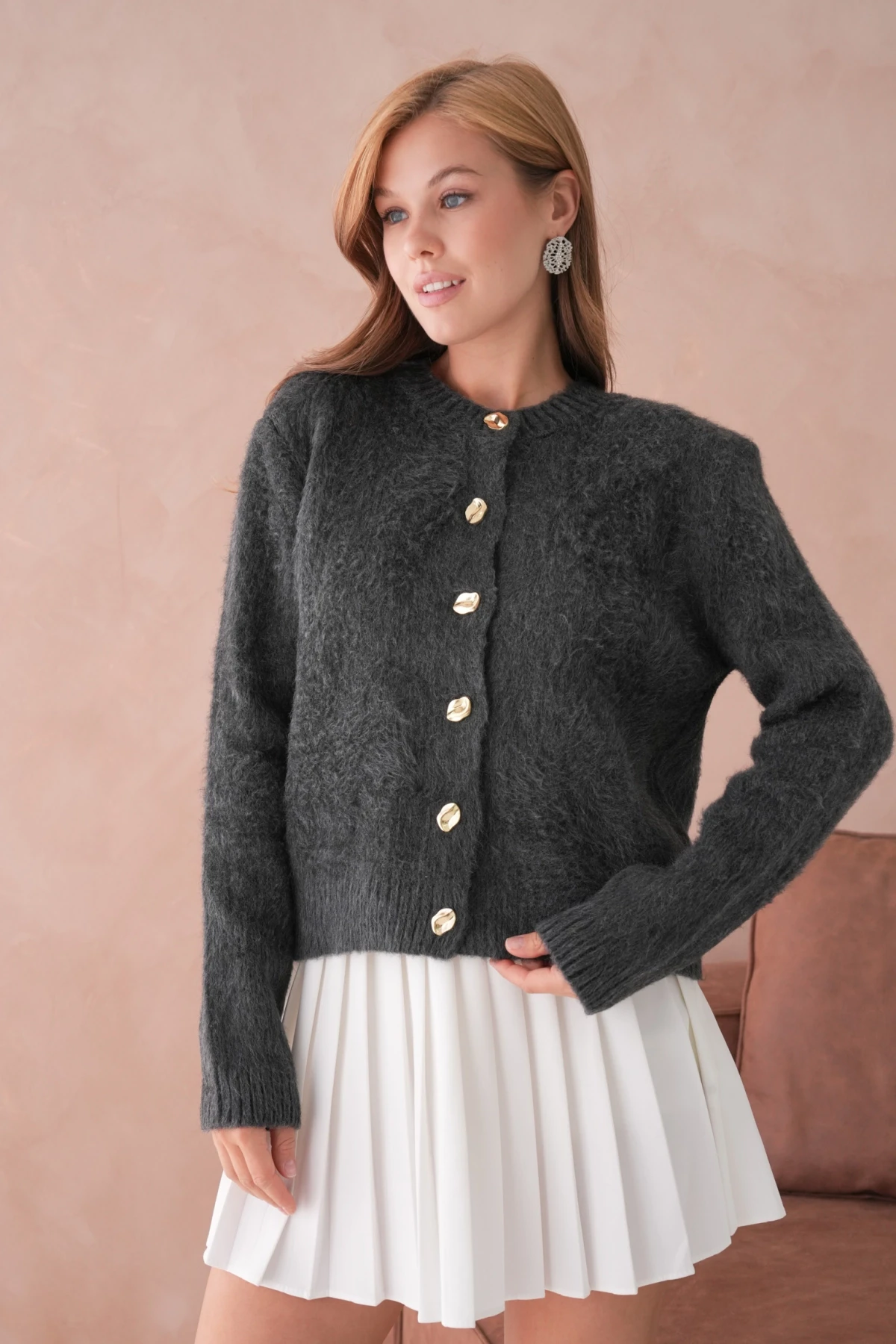 Kadın Bisiklet Yaka Düğme Detaylı Yumuşak Dokulu Şardonlu Triko Ceket