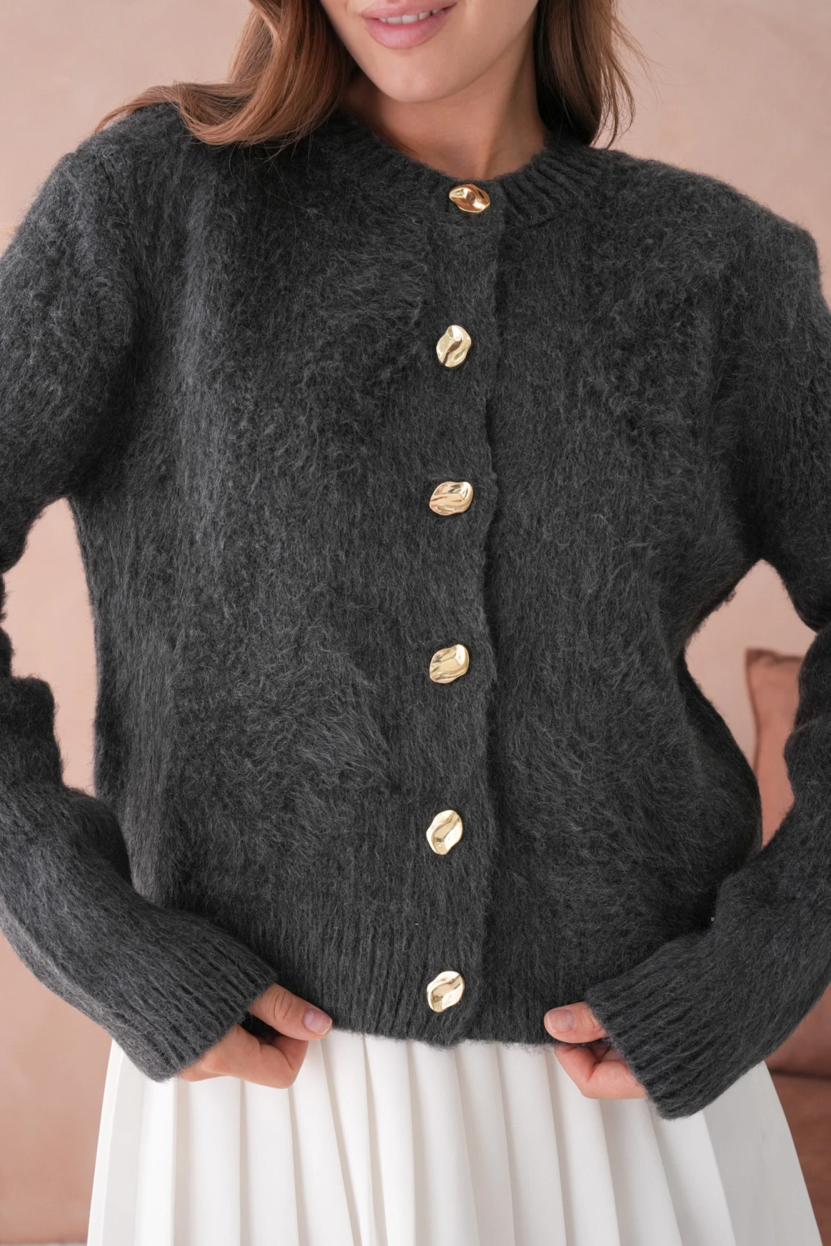 Kadın Bisiklet Yaka Düğme Detaylı Yumuşak Dokulu Şardonlu Triko Ceket