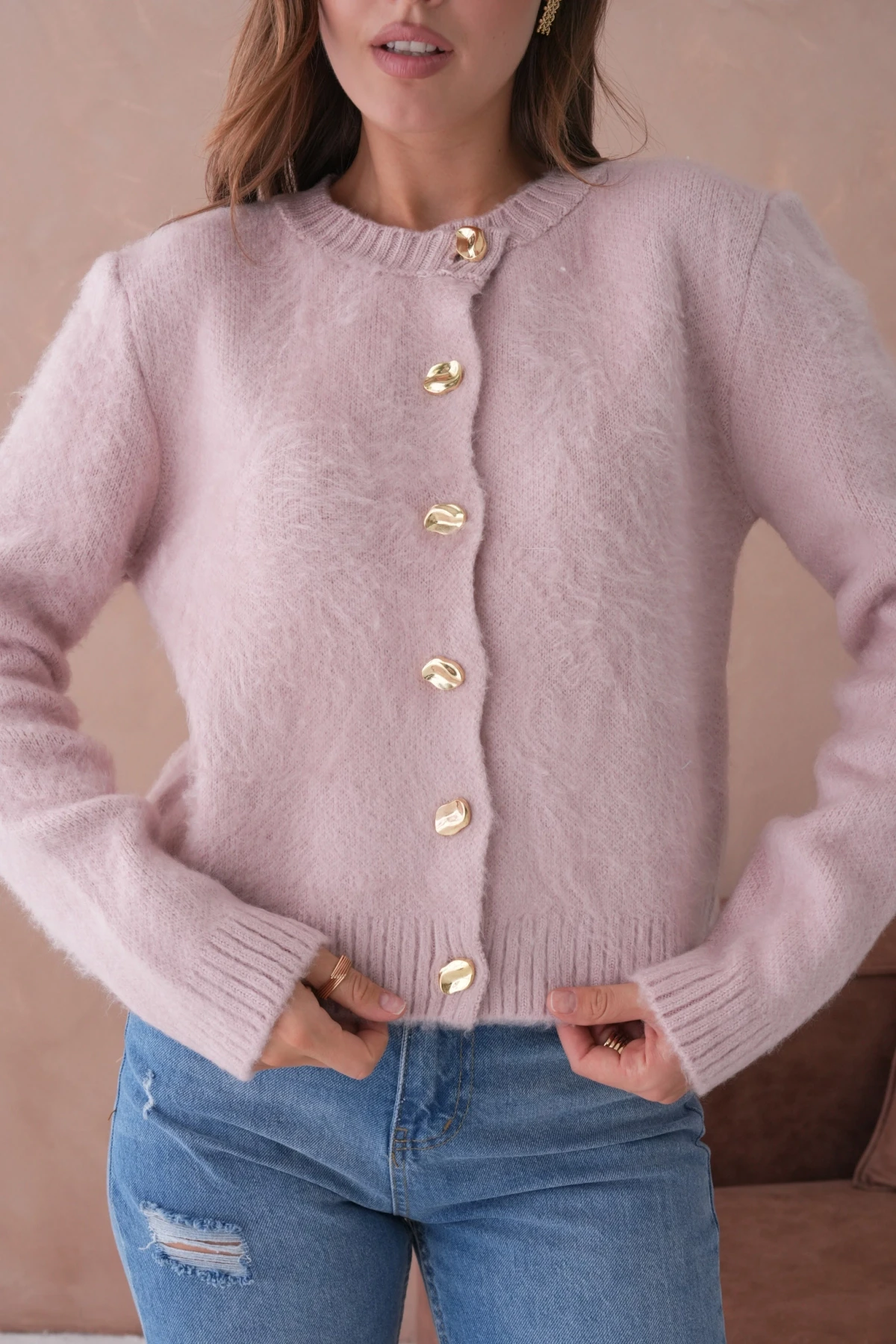 Kadın Bisiklet Yaka Düğme Detaylı Yumuşak Dokulu Şardonlu Triko Ceket