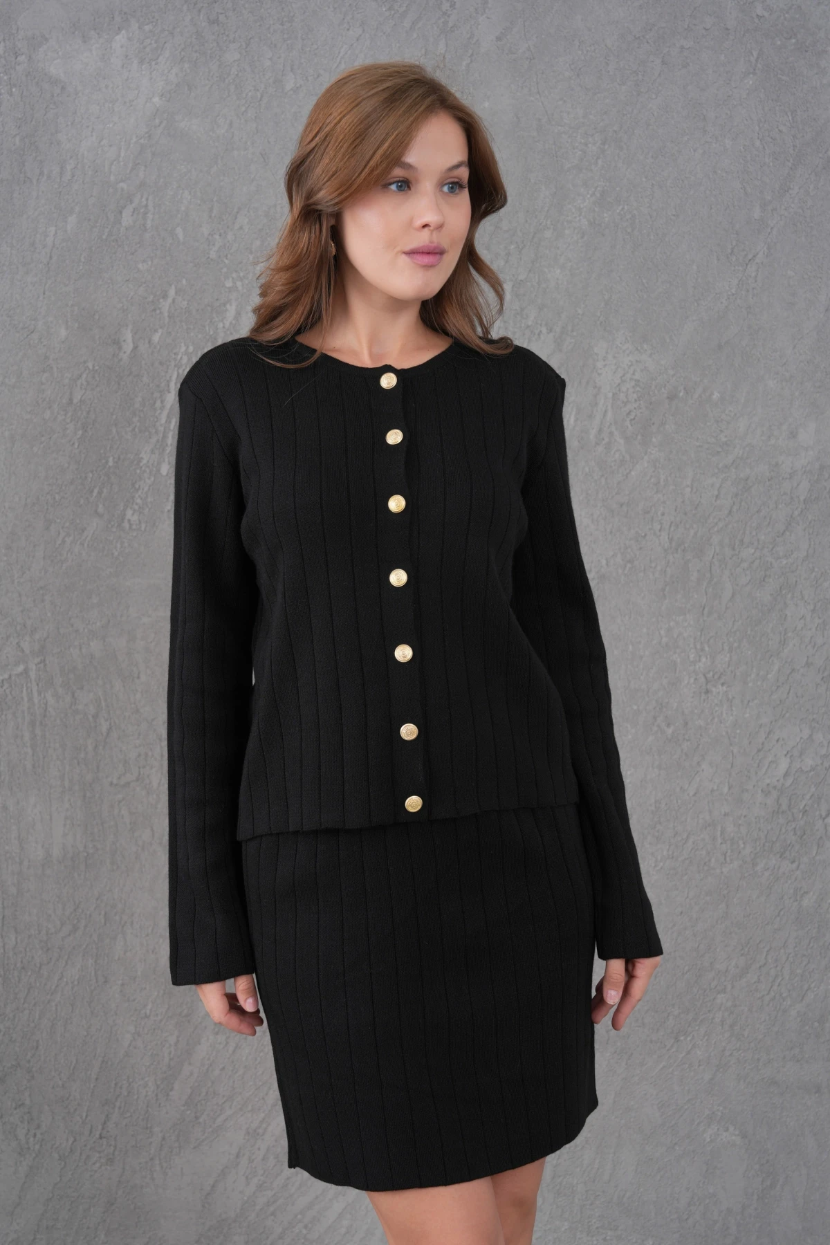 Kadın Bisiklet Yaka Düğme Kapama Ceket Etek İkili Triko Takım