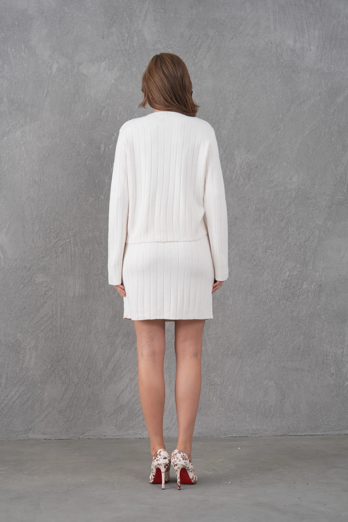 Kadın Bisiklet Yaka Düğme Kapama Ceket Etek İkili Triko Takım