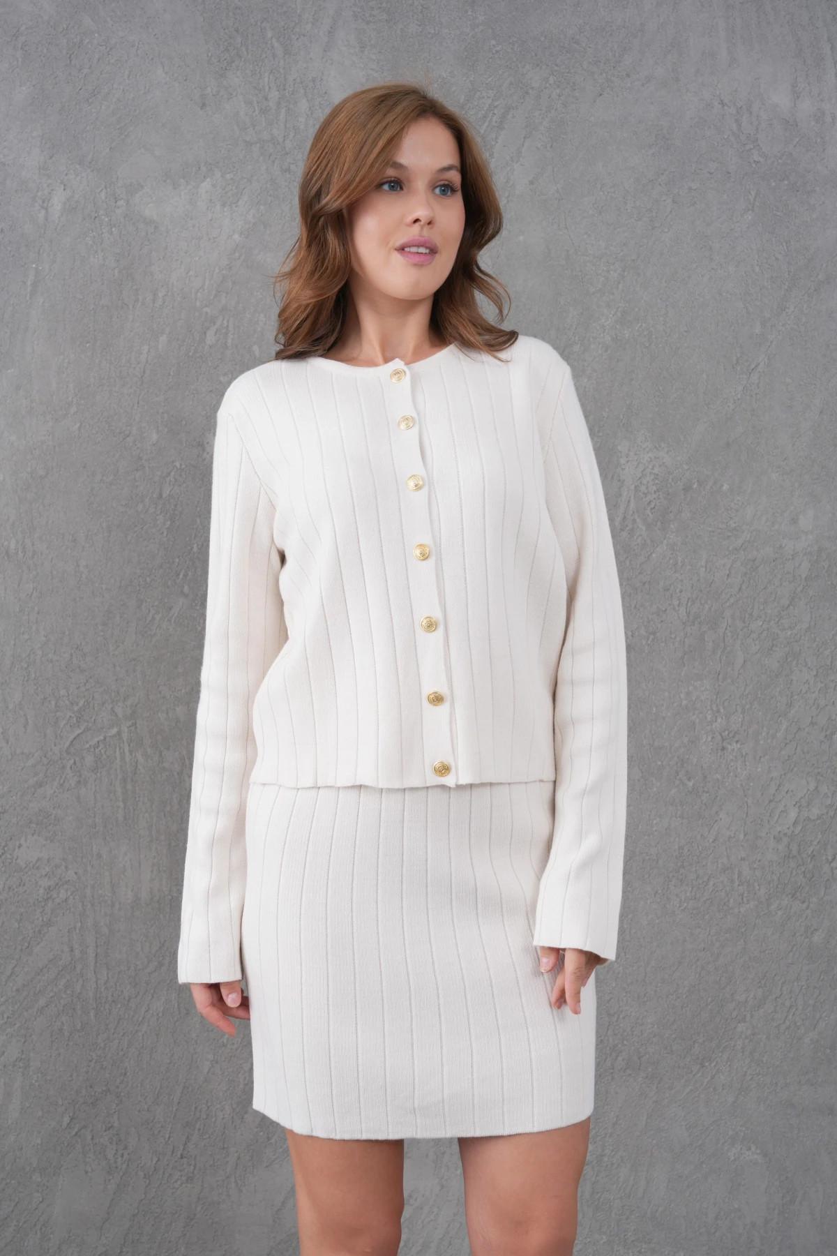 Kadın Bisiklet Yaka Düğme Kapama Ceket Etek İkili Triko Takım