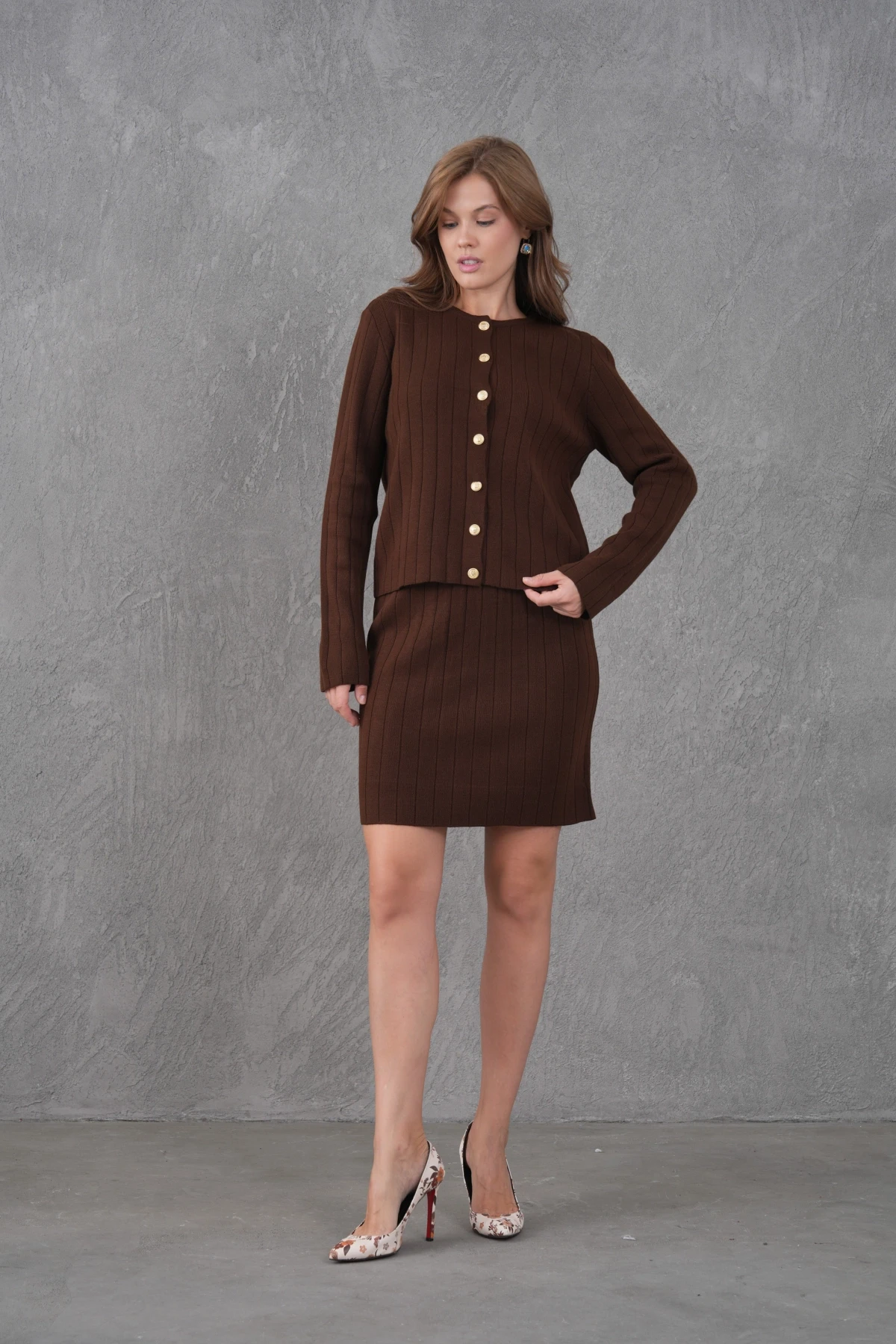 Kadın Bisiklet Yaka Düğme Kapama Ceket Etek İkili Triko Takım