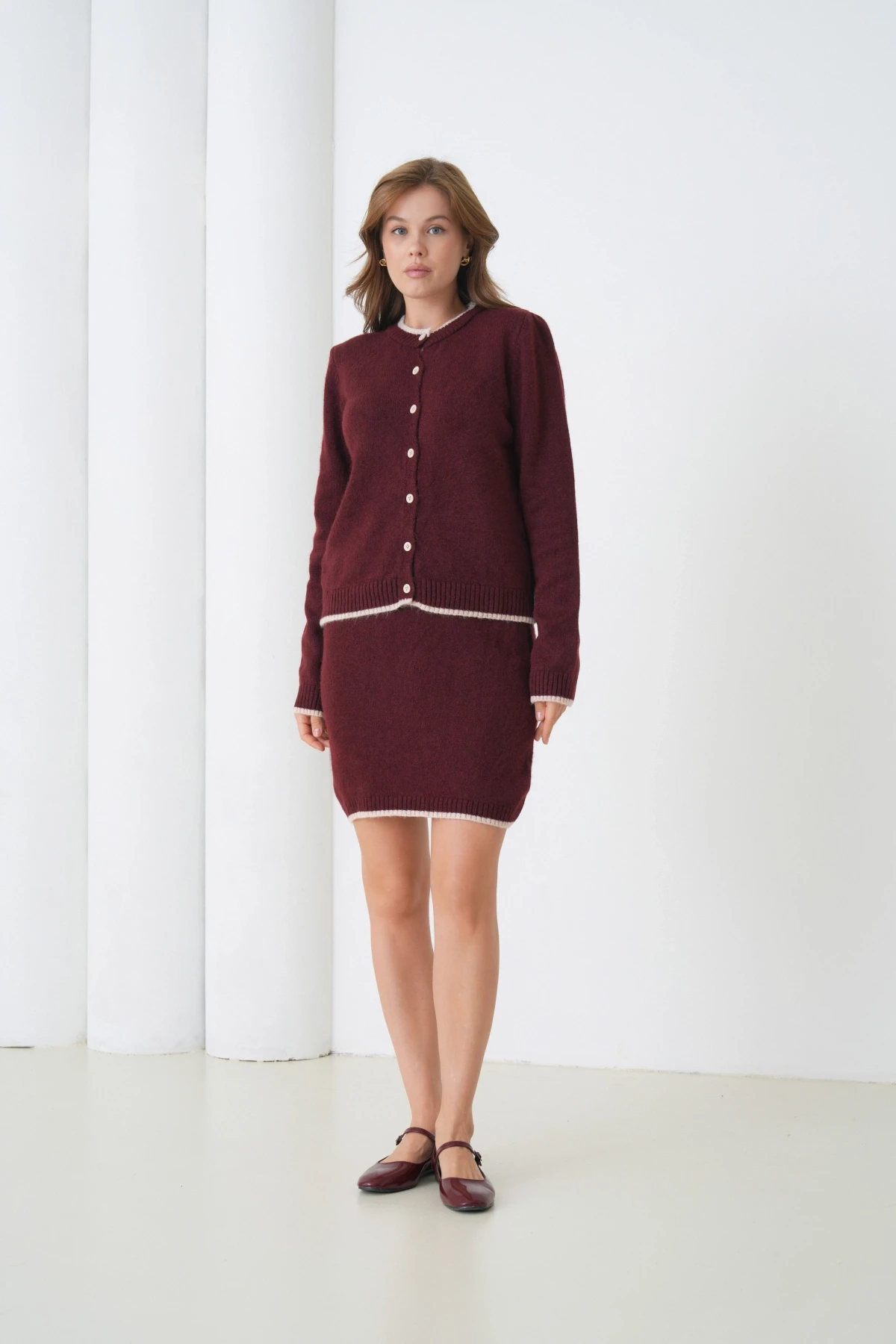 Kadın Bisiklet Yaka Düğme Kapama Ceket Etek İkili Triko Takım