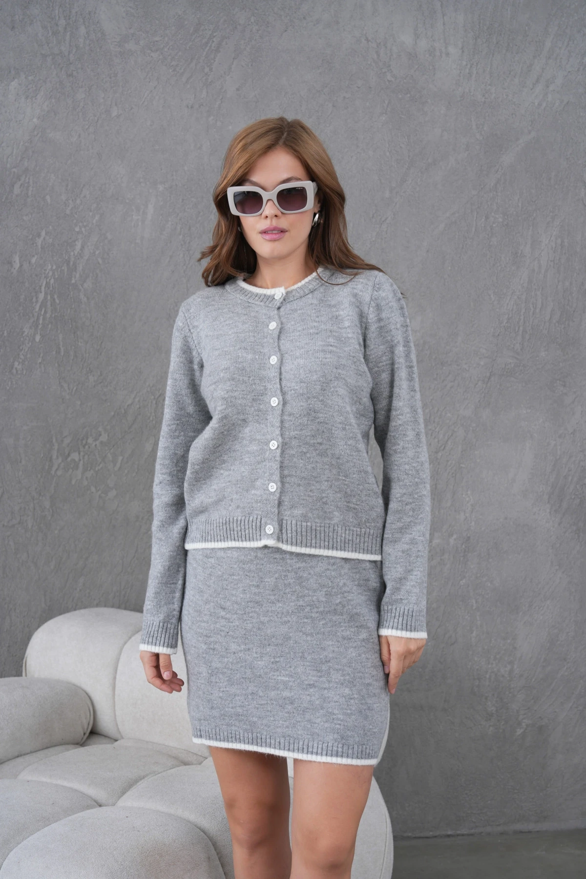 Kadın Bisiklet Yaka Düğme Kapama Ceket Etek İkili Triko Takım