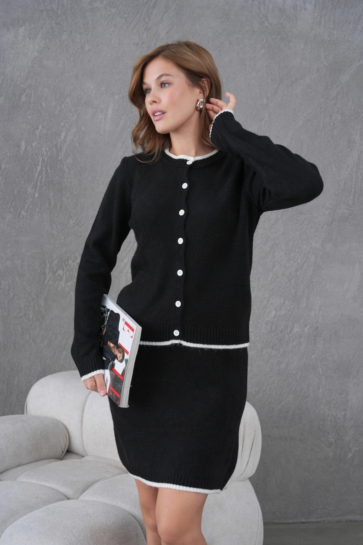 Kadın Bisiklet Yaka Düğme Kapama Ceket Etek İkili Triko Takım