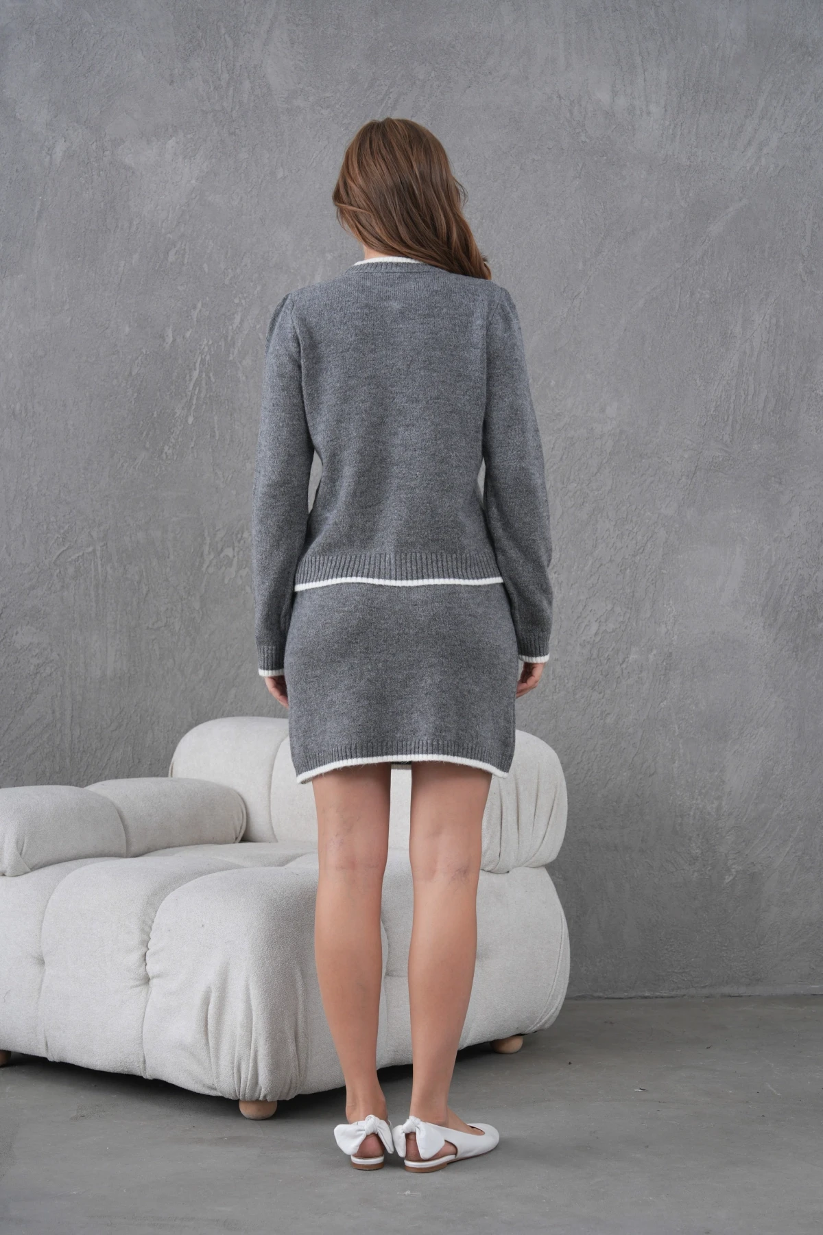 Kadın Bisiklet Yaka Düğme Kapama Ceket Etek İkili Triko Takım