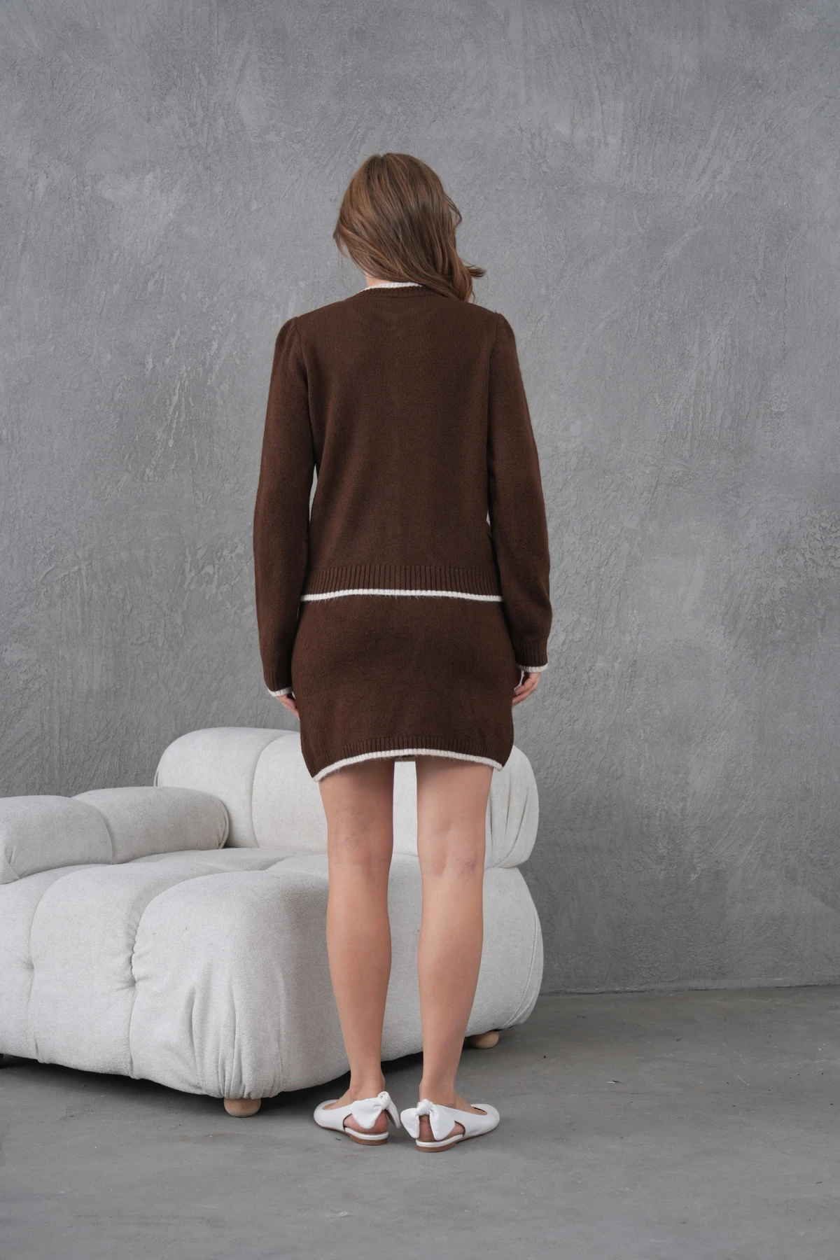 Kadın Bisiklet Yaka Düğme Kapama Ceket Etek İkili Triko Takım