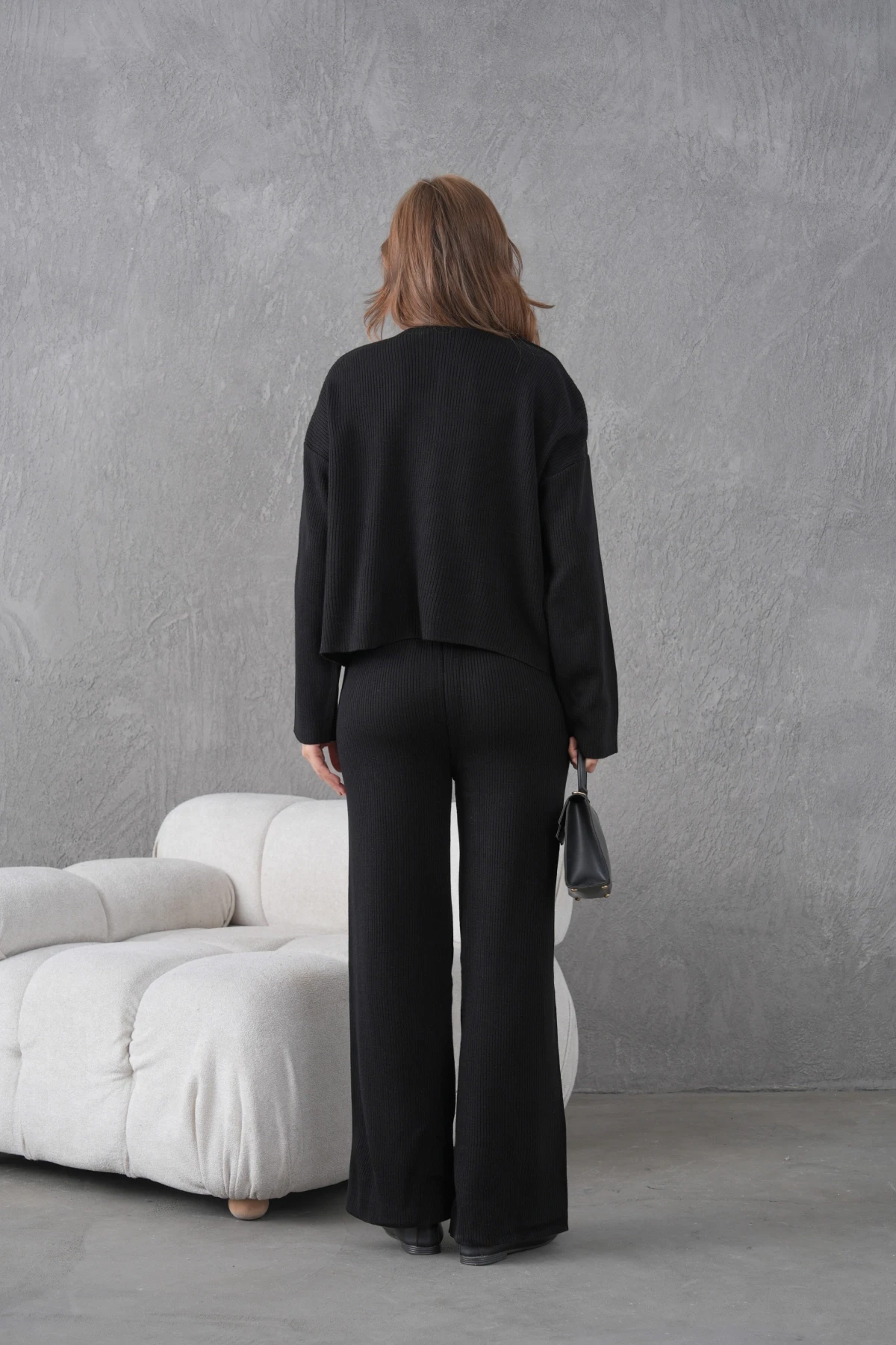 Kadın Bisiklet Yaka Düğme Kapama Kaşkorse Ceket Pantolon İkili Triko Takım