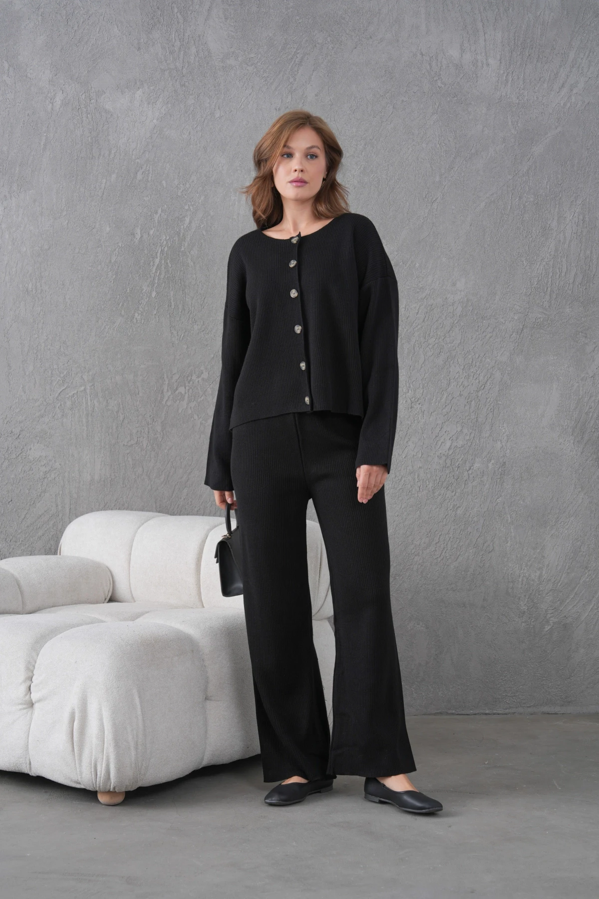 Kadın Bisiklet Yaka Düğme Kapama Kaşkorse Ceket Pantolon İkili Triko Takım