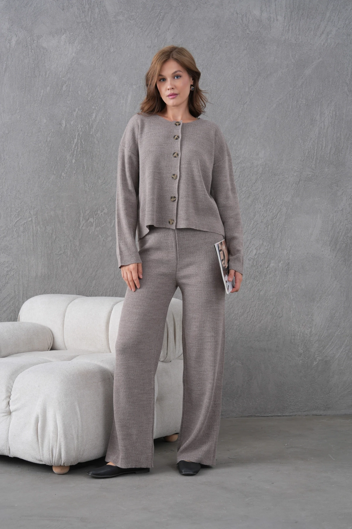 Kadın Bisiklet Yaka Düğme Kapama Kaşkorse Ceket Pantolon İkili Triko Takım