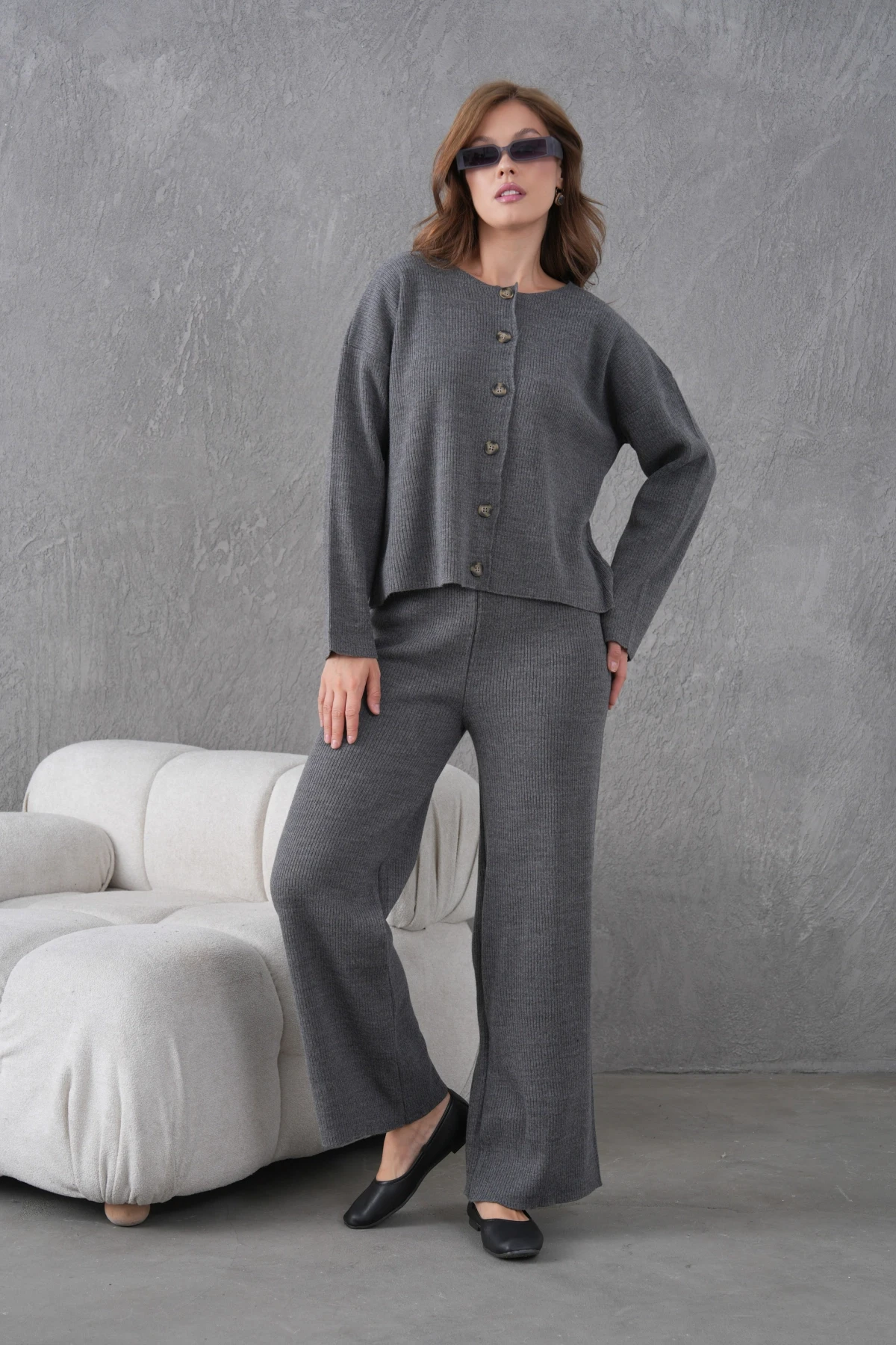 Kadın Bisiklet Yaka Düğme Kapama Kaşkorse Ceket Pantolon İkili Triko Takım