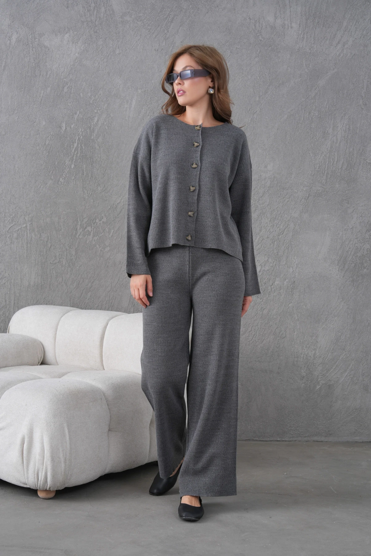 Kadın Bisiklet Yaka Düğme Kapama Kaşkorse Ceket Pantolon İkili Triko Takım