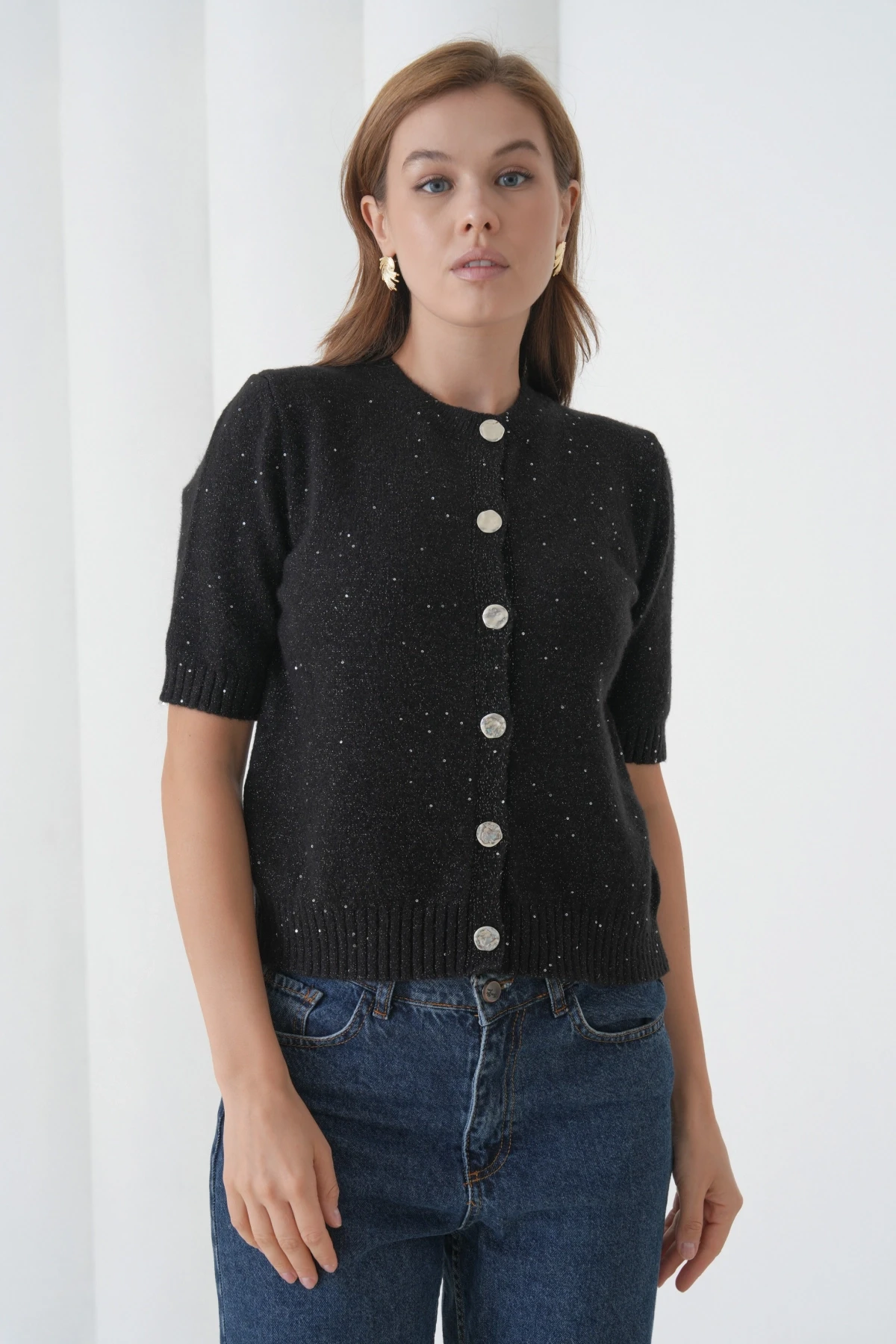 Kadın Bisiklet Yaka Düğme Kapama Yün Karışımlı Simli Triko Kazak 8643Sw