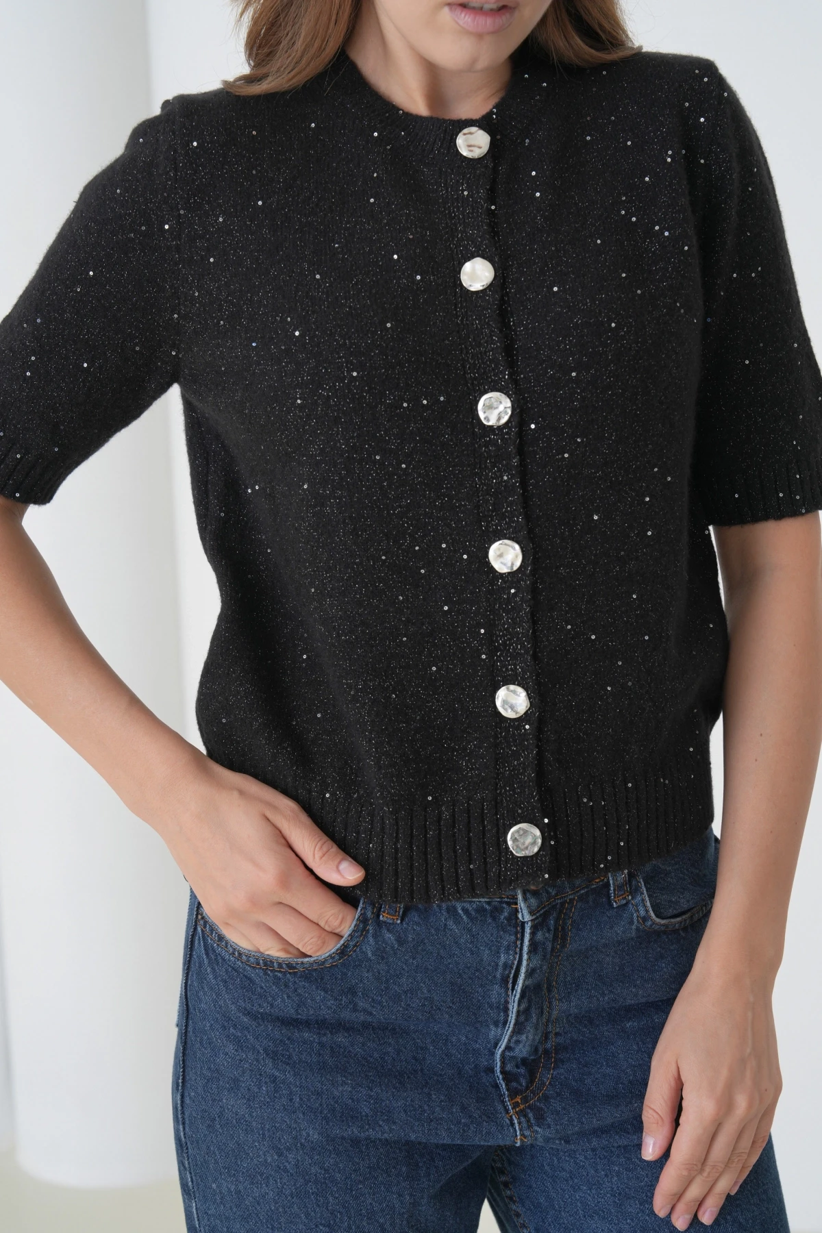 Kadın Bisiklet Yaka Düğme Kapama Yün Karışımlı Simli Triko Kazak 8643Sw