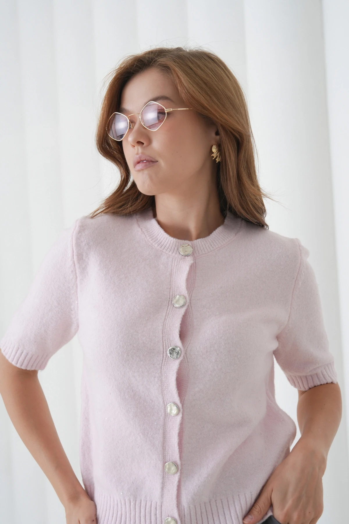 Kadın Bisiklet Yaka Düğme Kapama Yün Karışımlı Simli Triko Kazak 8643Sw