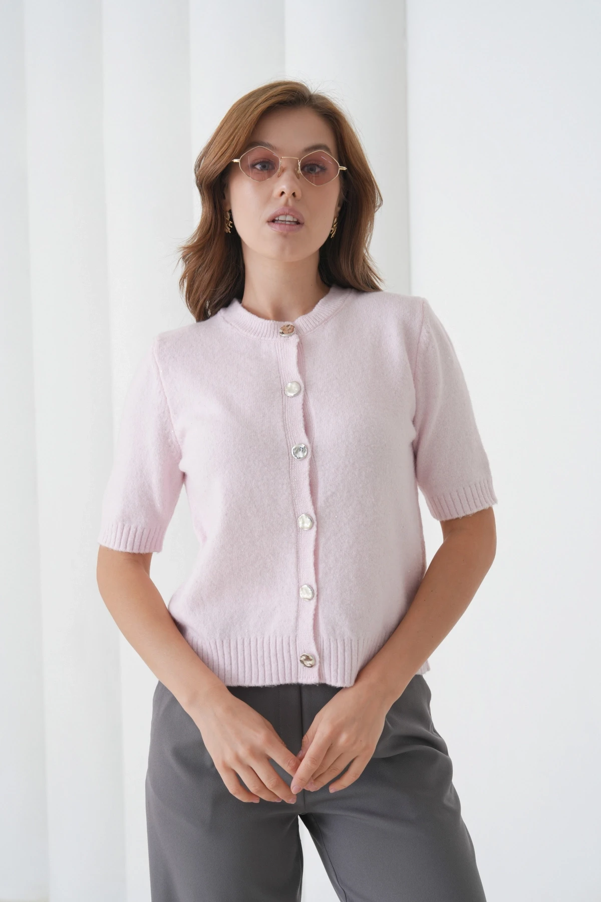 Kadın Bisiklet Yaka Düğme Kapama Yün Karışımlı Simli Triko Kazak 8643Sw