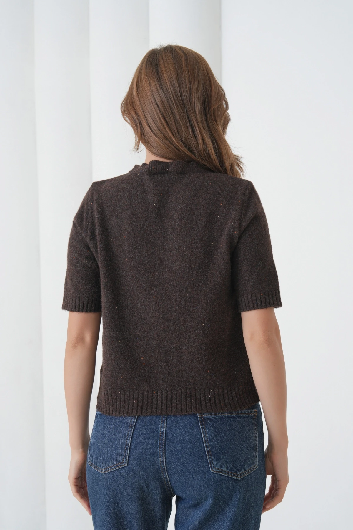 Kadın Bisiklet Yaka Düğme Kapama Yün Karışımlı Simli Triko Kazak 8643Sw