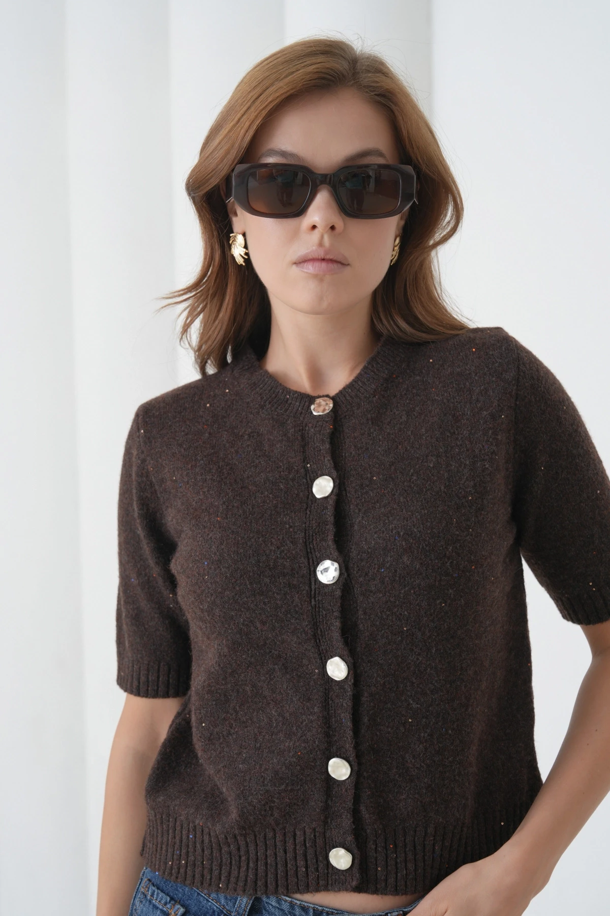 Kadın Bisiklet Yaka Düğme Kapama Yün Karışımlı Simli Triko Kazak 8643Sw