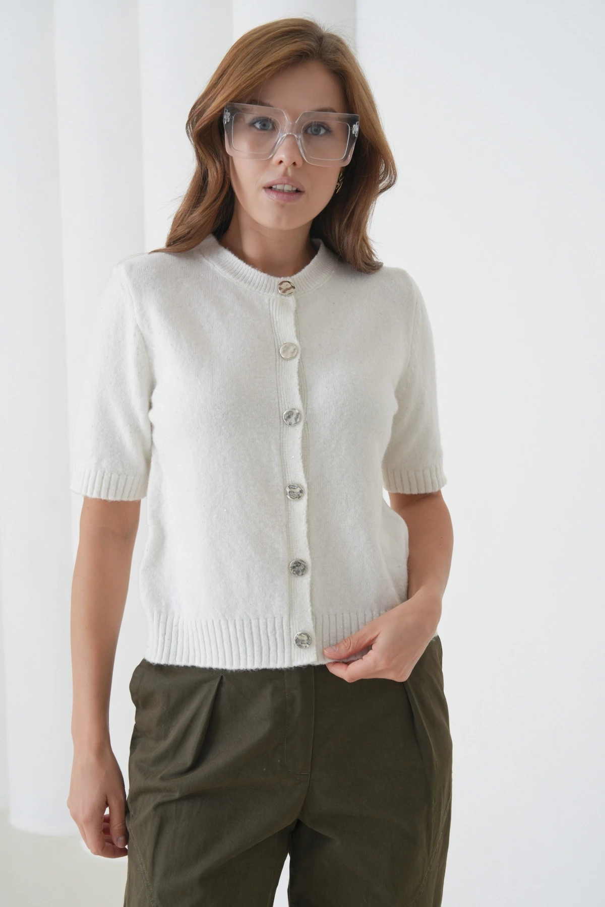 Kadın Bisiklet Yaka Düğme Kapama Yün Karışımlı Simli Triko Kazak 8643Sw