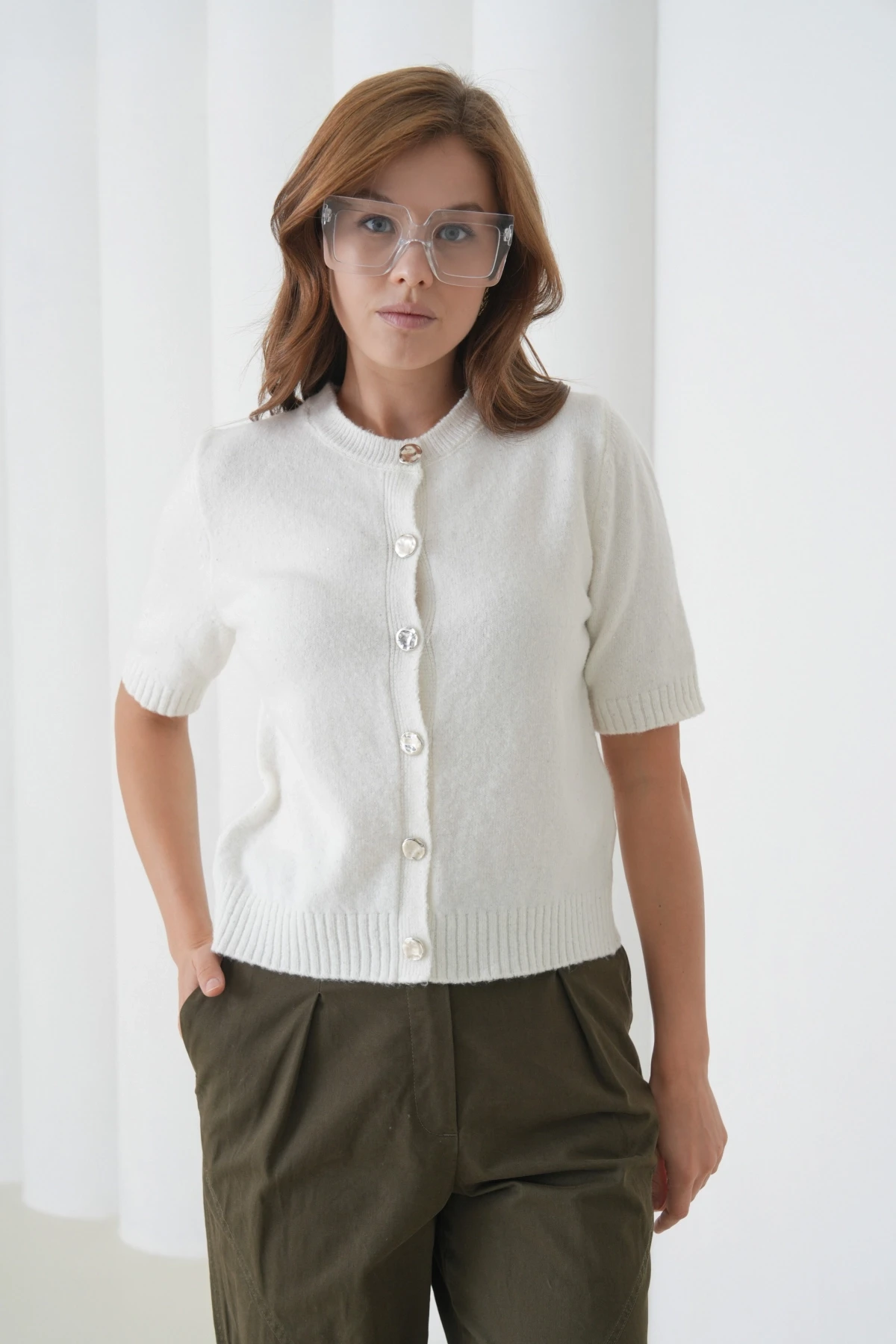 Kadın Bisiklet Yaka Düğme Kapama Yün Karışımlı Simli Triko Kazak 8643Sw