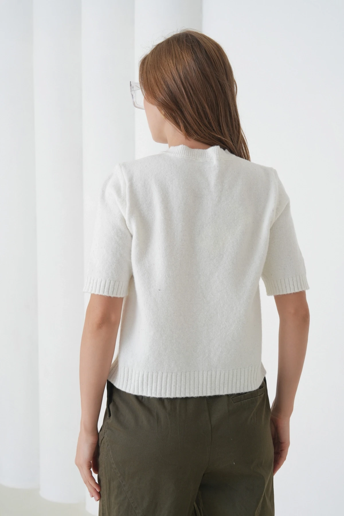 Kadın Bisiklet Yaka Düğme Kapama Yün Karışımlı Simli Triko Kazak 8643Sw