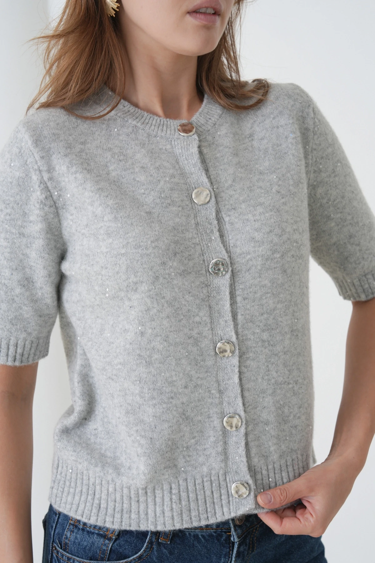 Kadın Bisiklet Yaka Düğme Kapama Yün Karışımlı Simli Triko Kazak 8643Sw